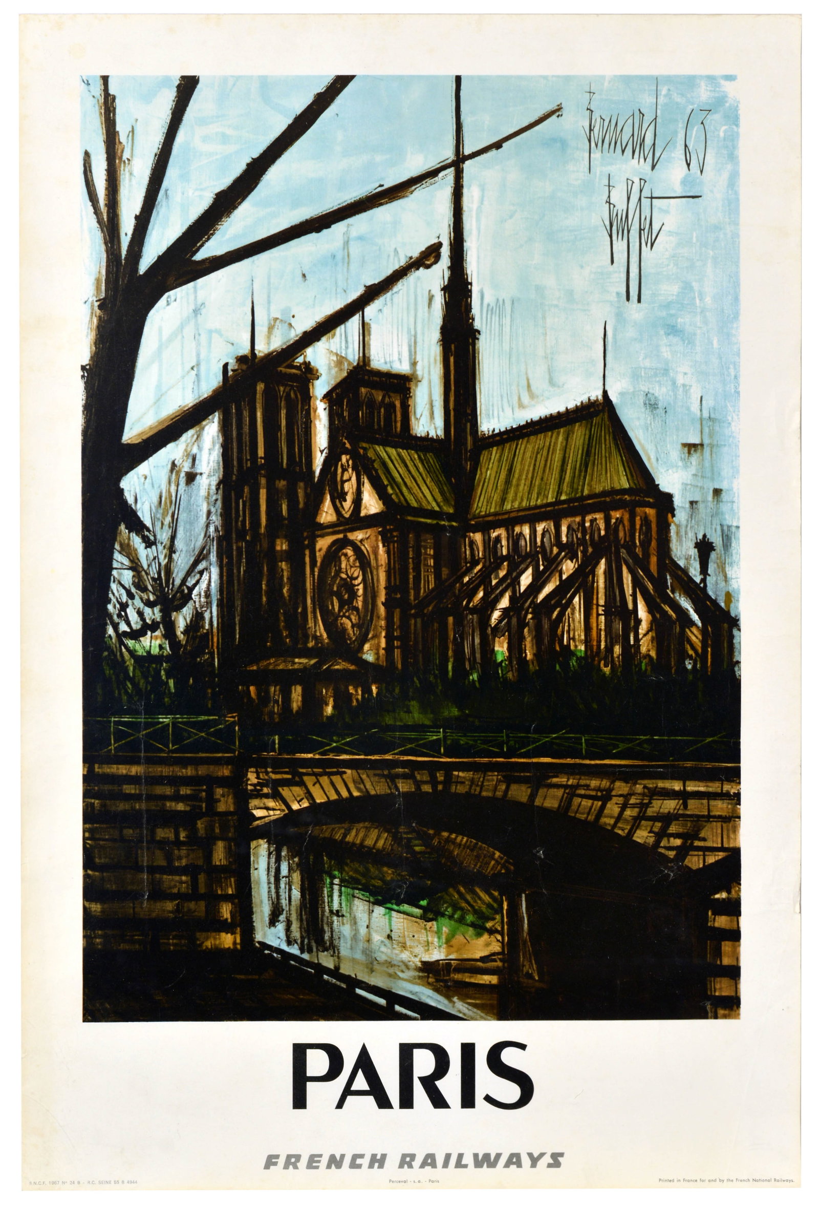 Travel Poster Paris French Railways Notre Dame France: Original vintage travel poster by French Railways promoting tourism to Paris featuring an illustration by a French expressionist painter Bernard Buffet (1928-1999) depicting the historic medieval Notr