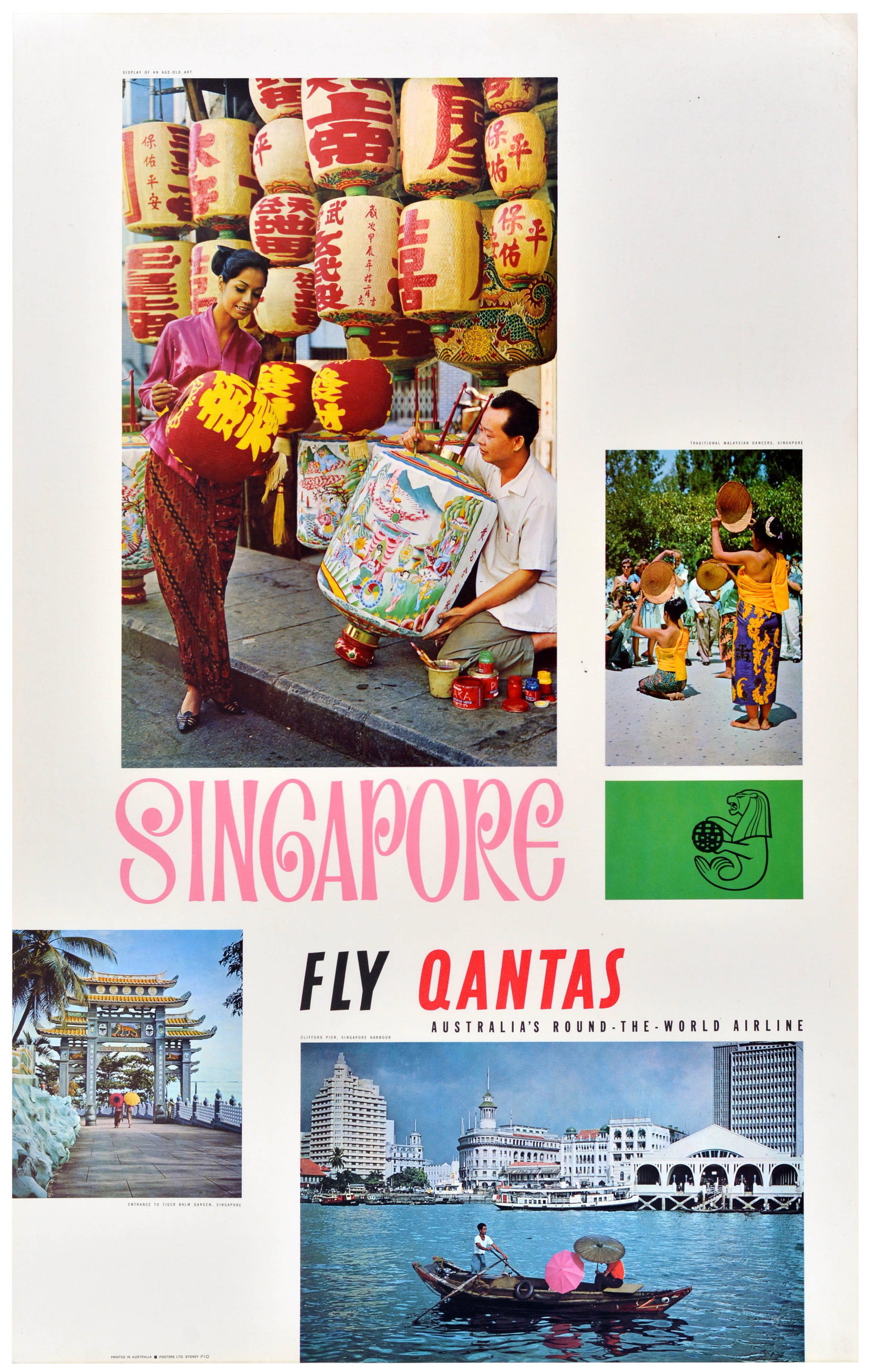 Travel Poster Singapore Fly Qantas Airline Merlion: Original vintage Asia travel poster for Singapore promoting flights with Qantas, Australia's round-the-world airline. This vibrant multi-vignette photographic poster captures the rich cultural tapestr