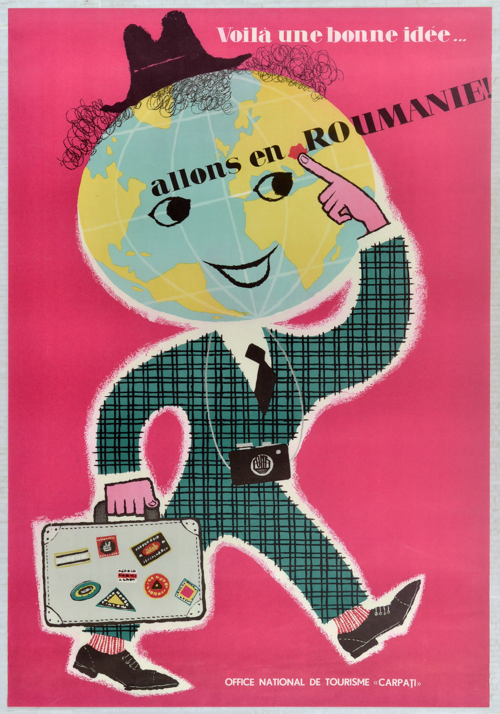Travel Poster Romania Carpati Balkans Suitcase Journey Holiday: Original vintage travel poster issued by Carpati National Travel Office promoting tourism to Romania with a caption - Voila une bonne idee... allons en Roumanie! / What a good idea... A trip to Rumani