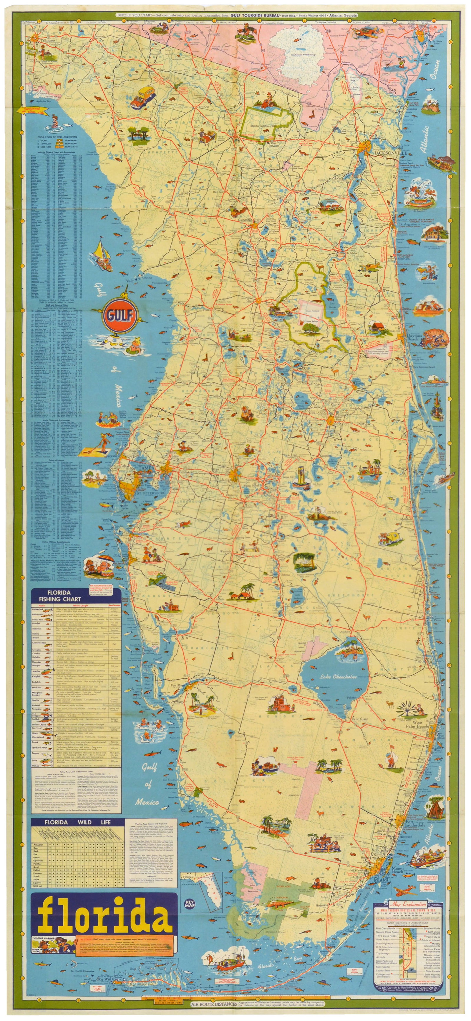 Travel Poster Florida Illustrated Map Gulf Oil Corporation Pictorial Brochure: Original vintage brochure with a pictorial map poster of Florida published by the Gulf Oil Corporation, featuring an image of the peninsula with mid-century illustrations depicting various facets of l