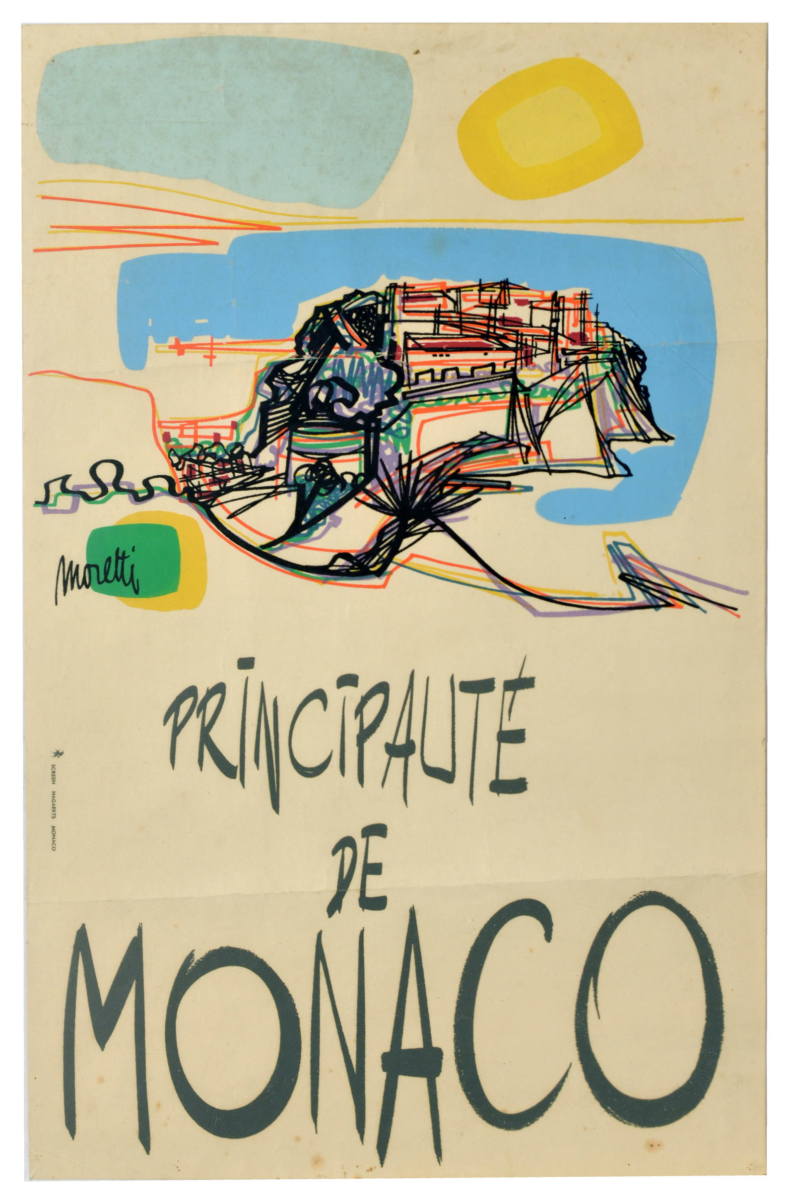Travel Poster Rock of Monaco French Riviera Moretti: Original vintage French Riviera travel advertising poster for the Principality of Monaco / Principaute de Monaco, featuring a design by the prominent French artist Raymond Moretti (1931-2005), an abst