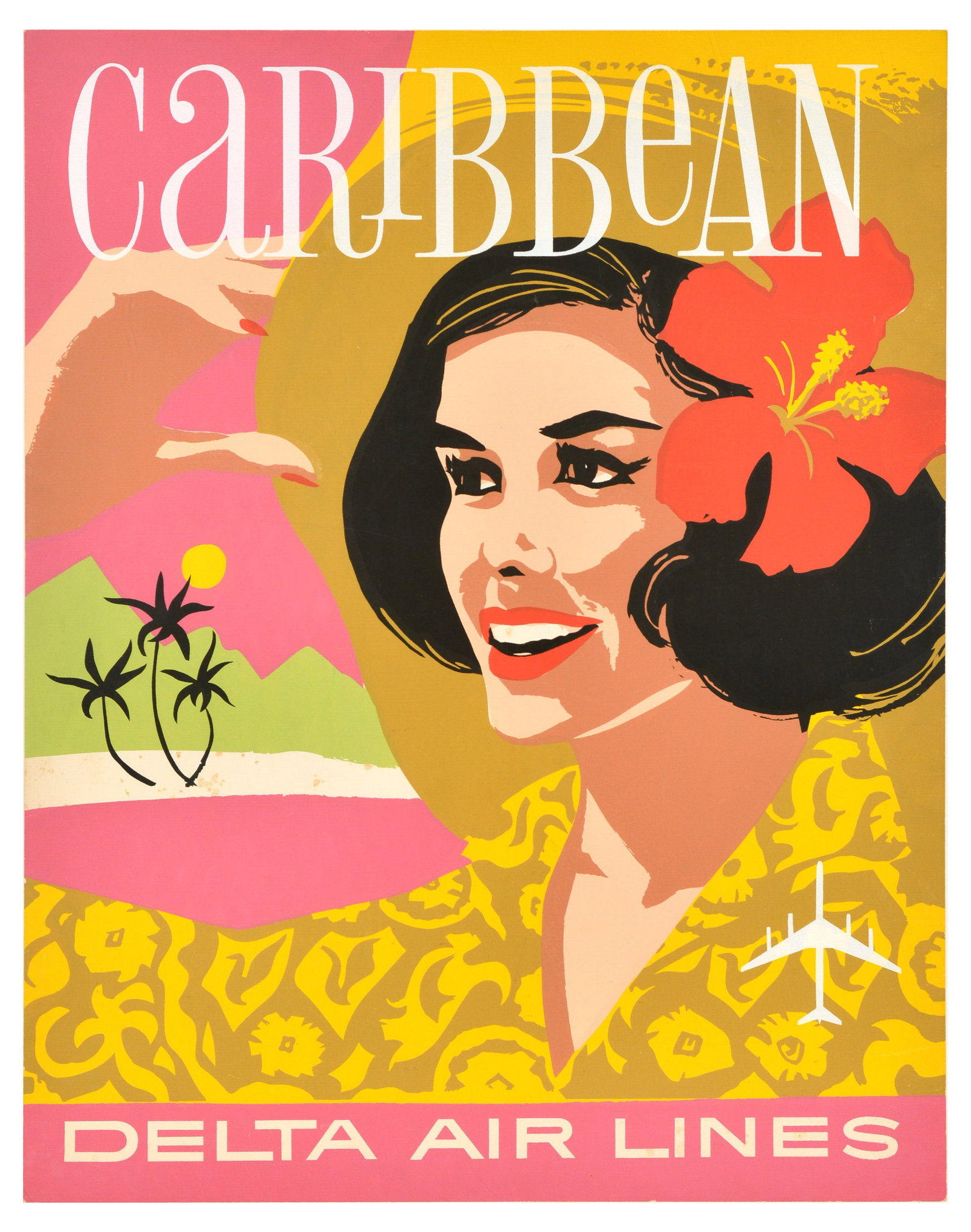 Travel Poster Caribbean Delta Air Lines Floral Travel: Original vintage silkscreen print poster for the Caribbean with Delta Air Lines featuring a colourful image of a smiling lady in a straw hat with a red flower in her dark hair and a floral pattern shi
