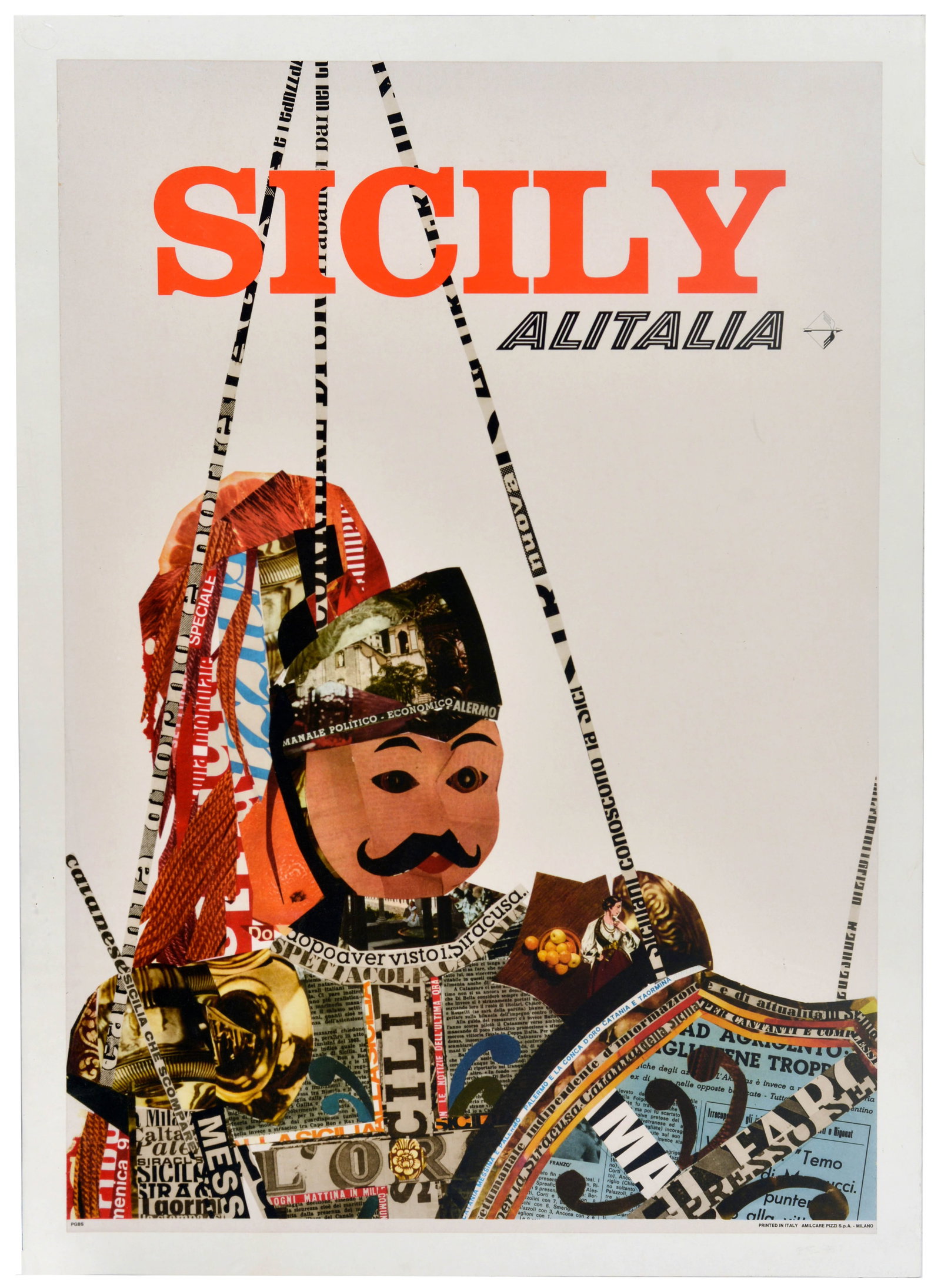 Travel Poster Sicily Alitalia Airline Italy Puppet Knight: Original vintage Italian travel advertising poster for Sicily, published by the national airline Alitalia to promote flights to the Mediterranean island. The poster features a newsprint collage depict