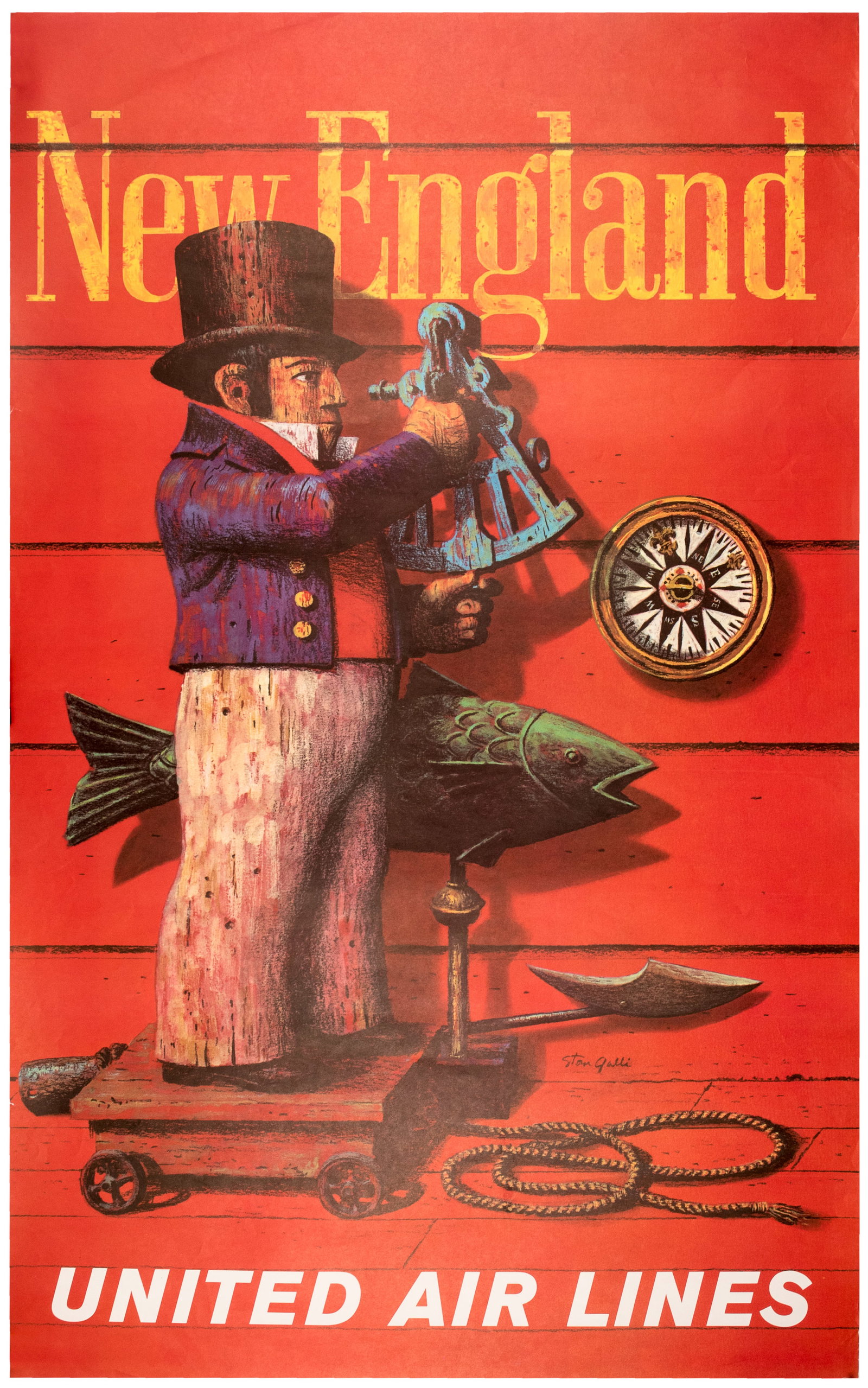Travel Poster New England United Air Lines UAL Stan Galli: Original vintage air travel poster promoting New England issued by United Air Lines, featuring an illustration by the American artist and designer Stan Galli (1912-2009) depicting an array of historic