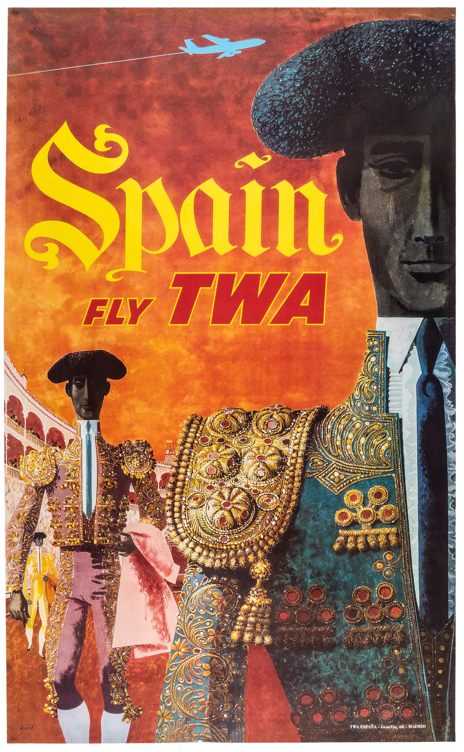 Travel Poster Spain Fly TWA Matador Bullfight David Klein: Original vintage mid-century airline travel poster - Spain fly TWA, featuring design by the celebrated American commercial artist David Klein (1918-2005), depicting a matador dressed in an elaborate, 