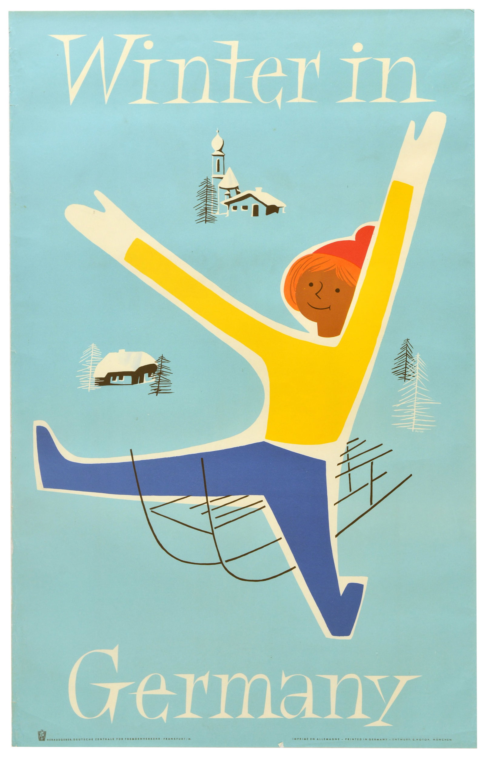 Travel Poster Winter In Germany Sledge: Original travel poster - Winter in Germany - featuring a fun design of a person in a yellow sweater, blue trousers, white gloves, and a red bobble hat riding a sledge, with pine trees, snow-covered bu