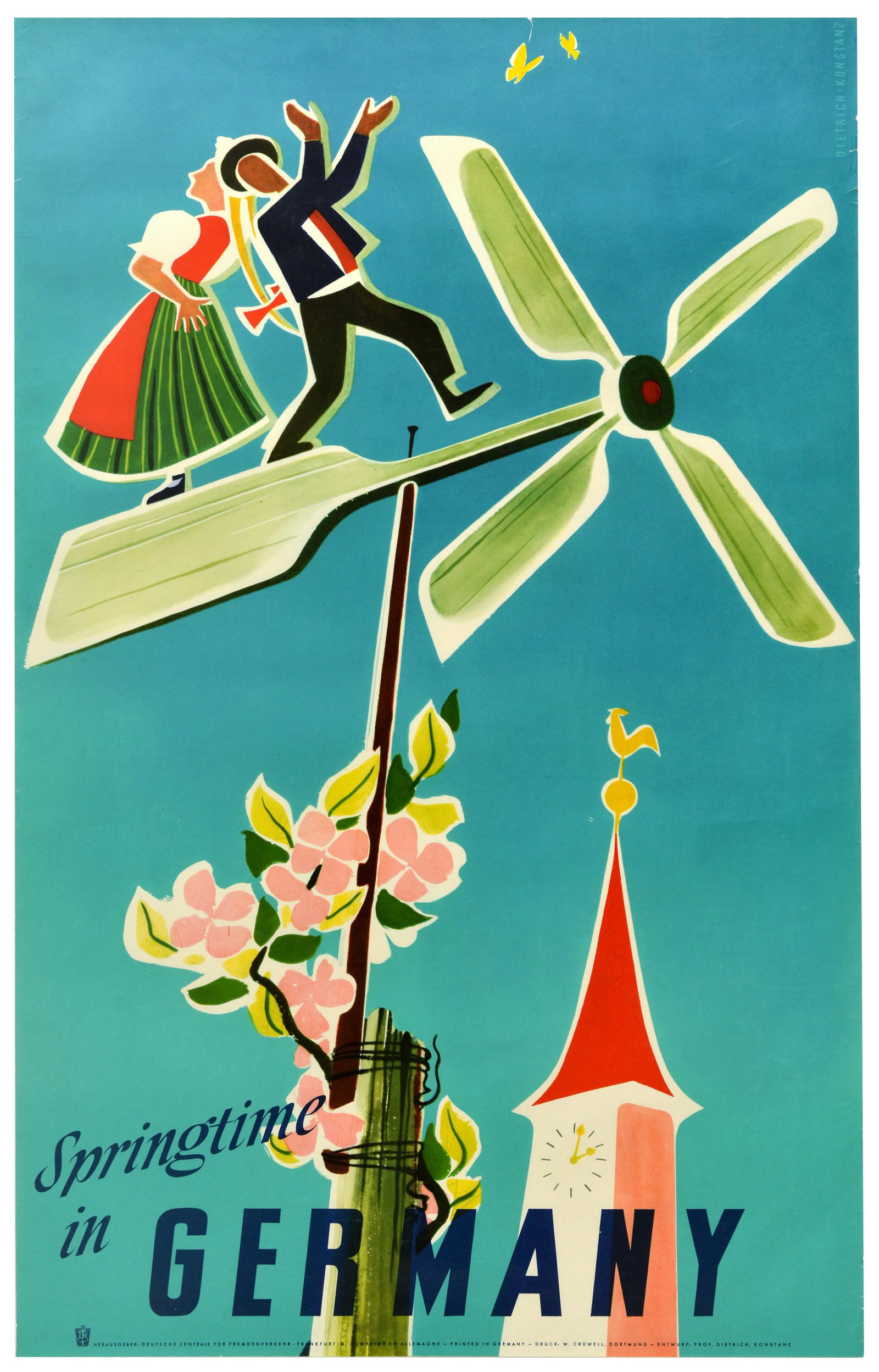 Travel Poster Springtime In Germany Church Weather Vane: Original vintage travel poster - Springtime in Germany, featuring an illustration of a stylised couple dancing on a weather vane; the lady wears a traditional dirndl costume with a green skirt, white 