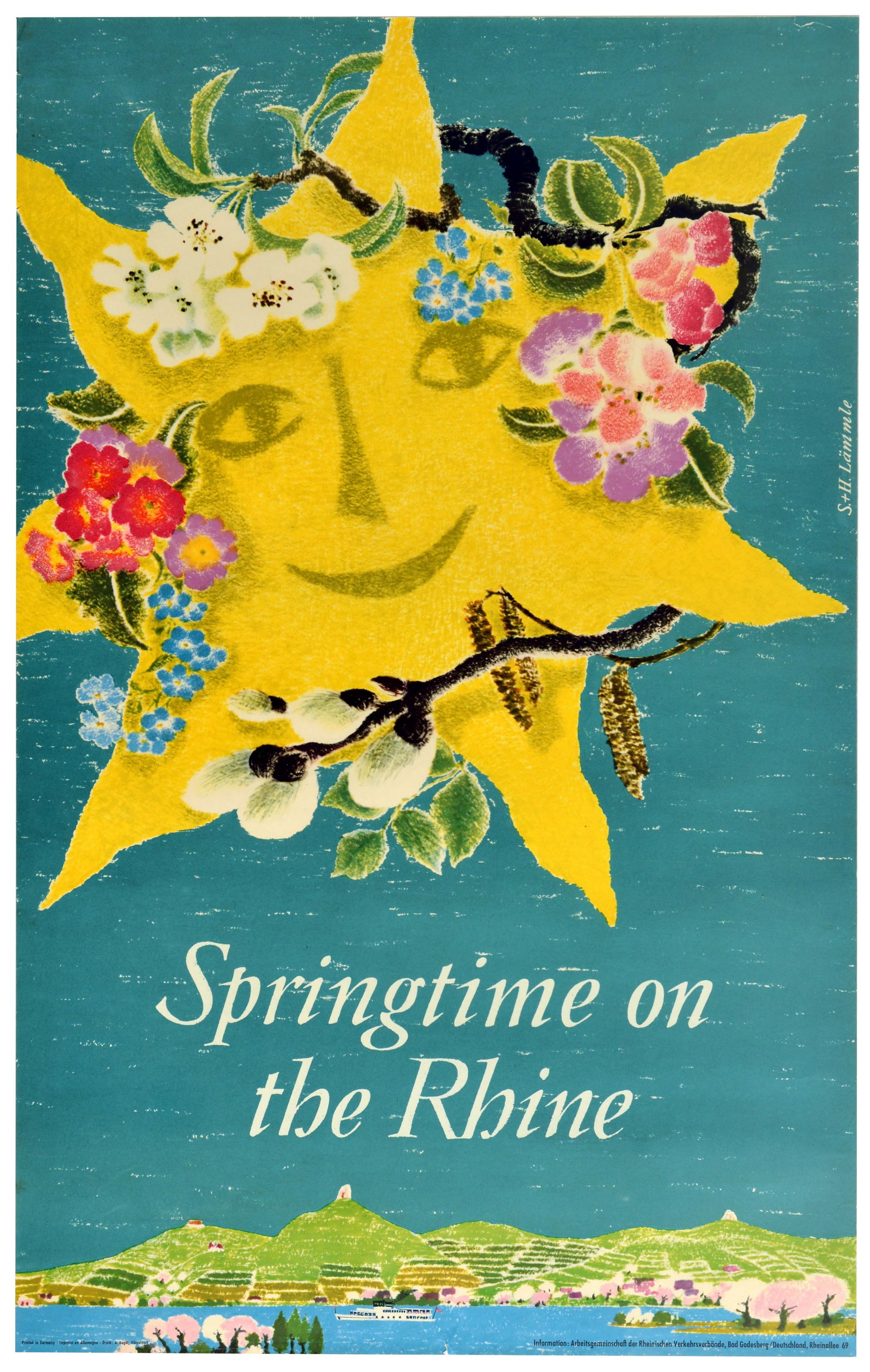 Travel Poster Springtime in Rhine Smiling Sun Lammle: Original vintage travel poster titled Springtime on the Rhine, featuring artwork by the design duo S.+H. Lammle (Sigrid and Hans L?mmle) depicting a smiling sun decorated with flower blossoms, forget-