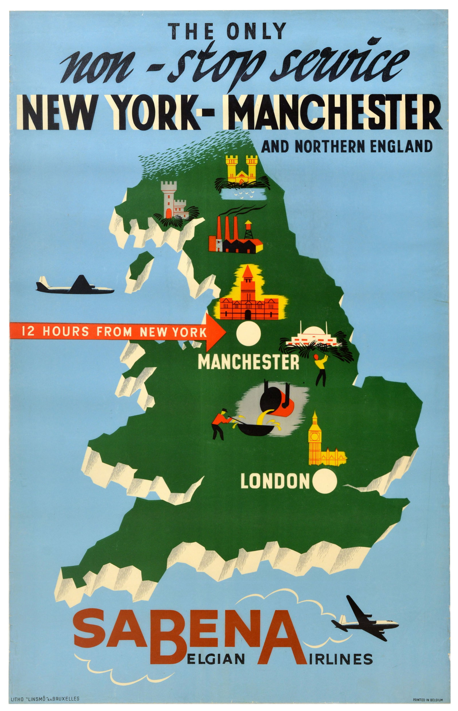 Travel Poster New York Manchester Sabena Belgian Airlines (1 of 1)