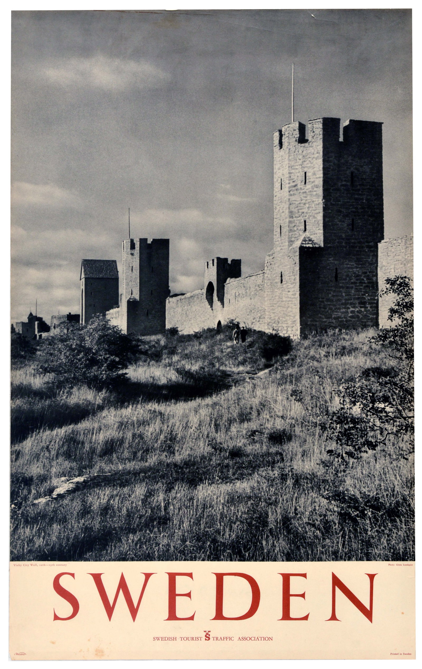 Travel Poster Sweden Visby City Wall Gotland Scandinavia: Original vintage Scandinavia travel poster advertising tourism to Sweden, featuring a photograph of the Visby City Wall on the island of Gotland, showcasing the stone battlements and defensive towers 