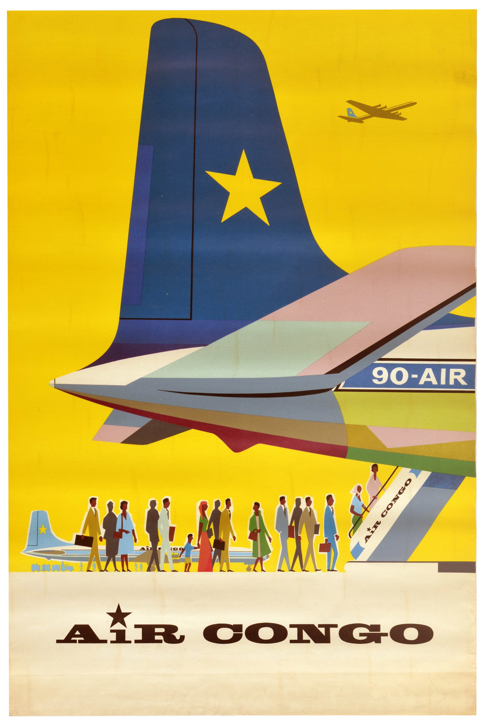 Travel Poster Air Congo National Airline: Original vintage aviation advertising poster for Air Congo, featuring a colourful design depicting a large passenger airplane tail fin adorned with a prominent gold star, with people boarding the airc
