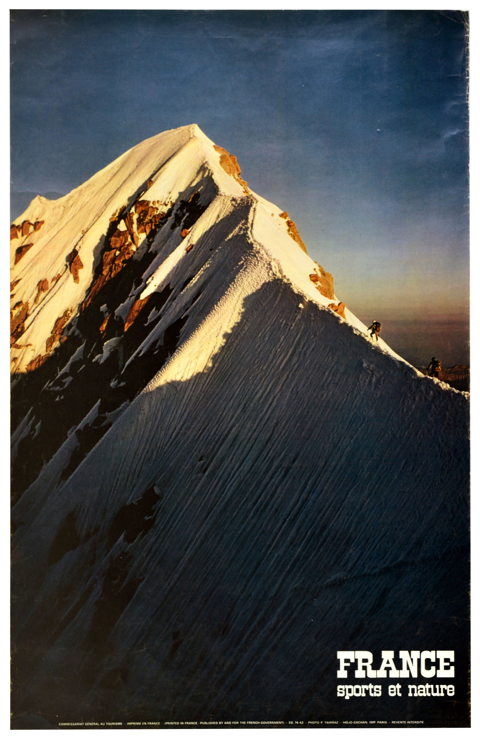 Travel Poster France Alps Mont Blanc Mountain Climbing: Original vintage travel and sports poster, published by the Commissariat General au Tourisme, promoting France as a destination for Sports et Nature / Sports and Nature. The poster features a breathta