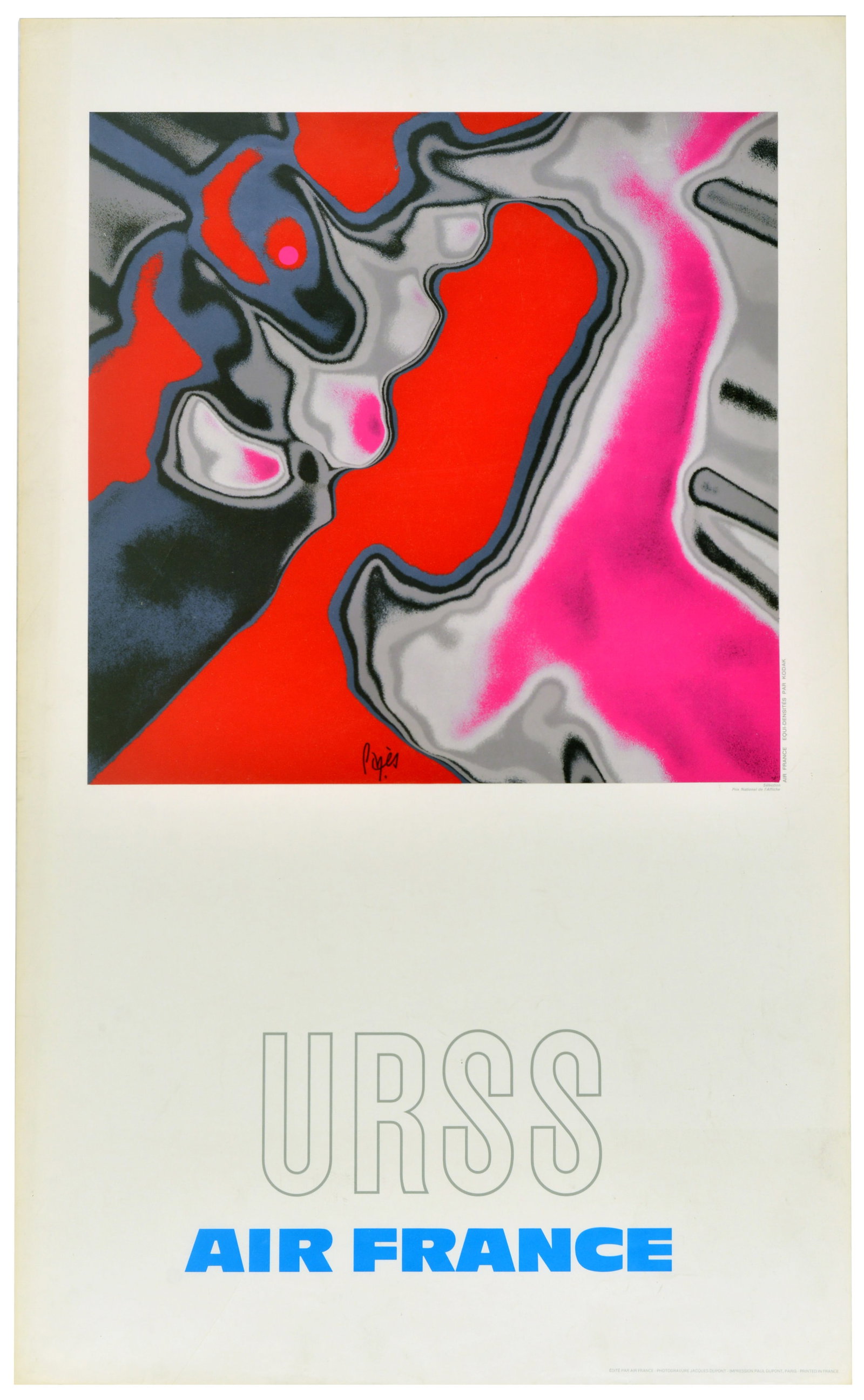 Travel Poster URSS USSR Air France Raymond Pages Soviet Union: Original vintage aviation travel advertising poster titled URSS / USSR by the national airline Air France to promote flights to the Soviet Union, featuring a design by the notable French artist and pa