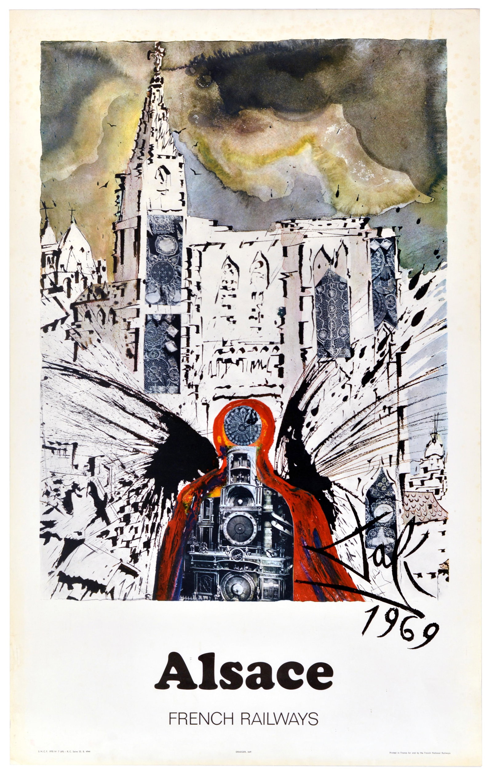 Travel Poster Alsace French Railway Salvador Dali SNCF: Original vintage travel poster advertising Alsace featuring historic buildings on the skyline in black and white with a subtle butterfly design by the renowned surrealist artist Salvador Dali (1904-19
