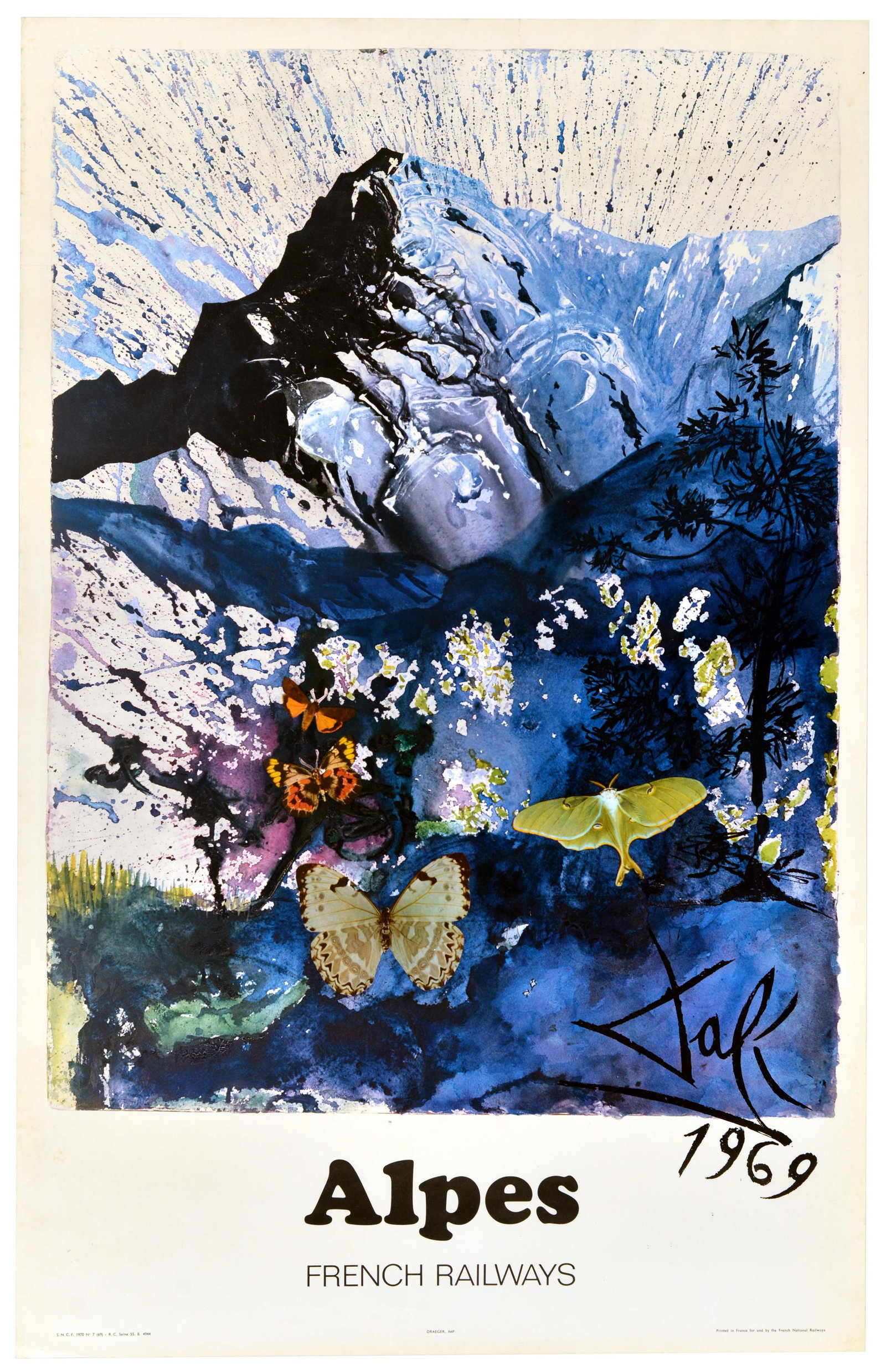 Travel Poster Alpes Butterfly Salvador Dali SNCF: Original vintage travel poster advertising the French Alps featuring snow-topped mountains with butterflies in the foreground, designed by the renowned surrealist artist Salvador Dali (1904-1989) for 