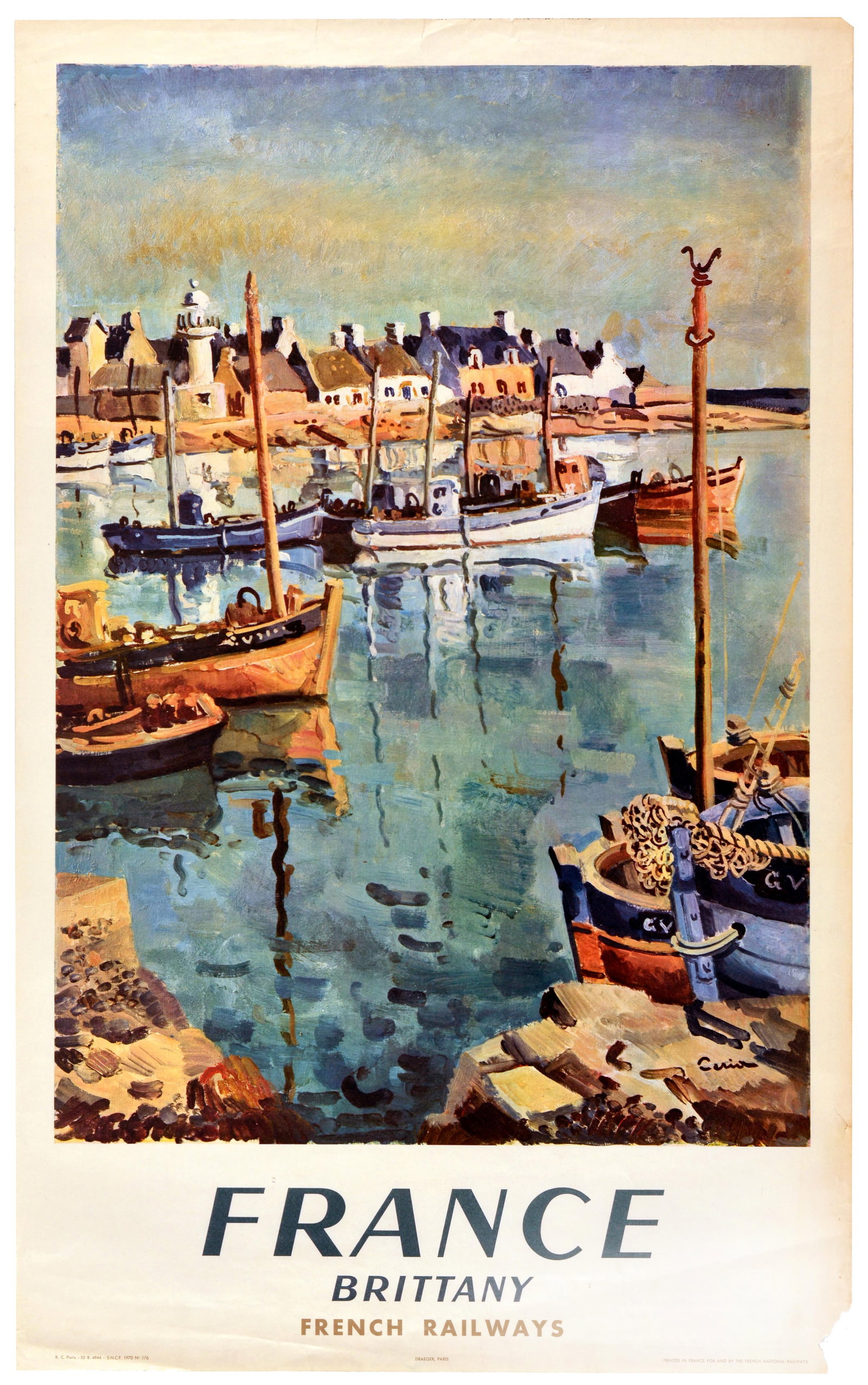 Travel Poster France Brittany SNCF French Railways: Original vintage railway travel poster for France Brittany issued by the state owned French national railways (SNCF Societe Nationale des Chemins de Fer Francais; founded 1938) featuring a colourful p