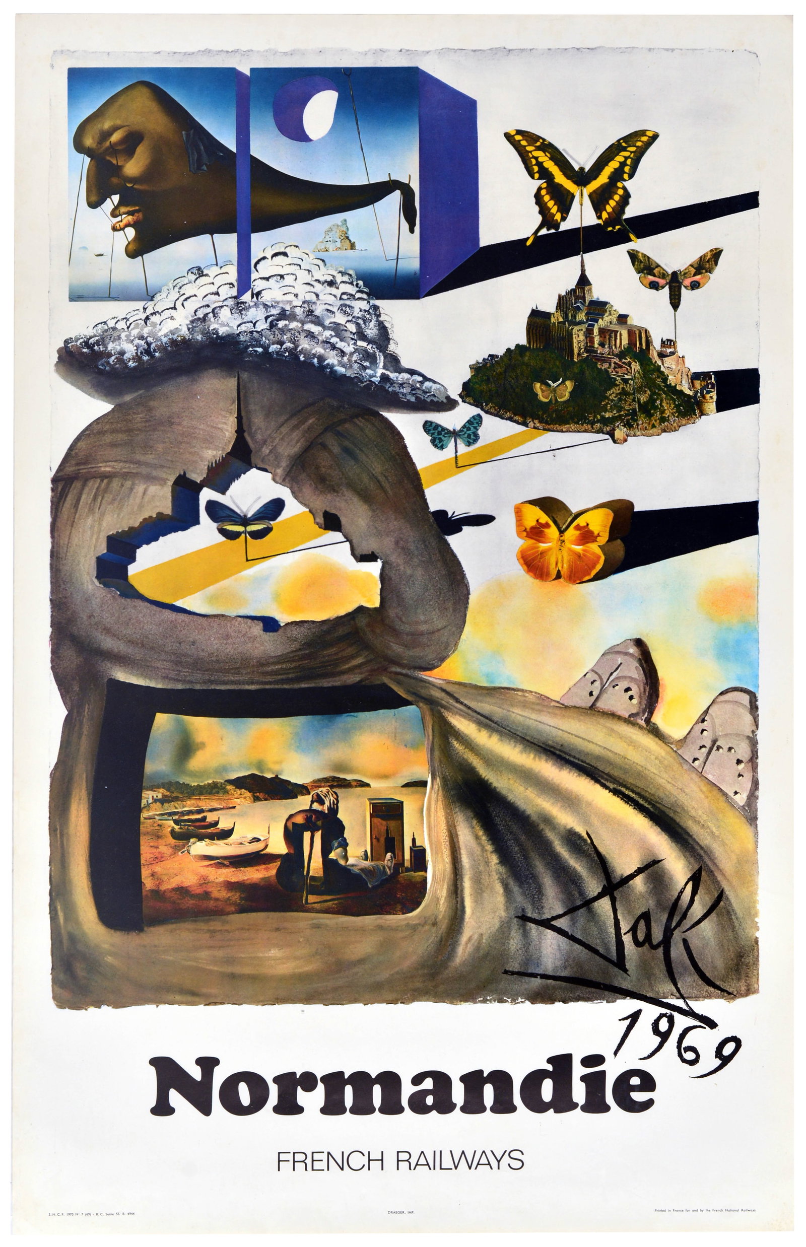 Travel Poster Normandie France SNCF Salvador Dali French Railways: Original vintage travel poster advertising Normandy featuring iconic butterflies and buildings with boats on a sandy beach and other images designed by the renowned surrealist artist Salvador Dali (19
