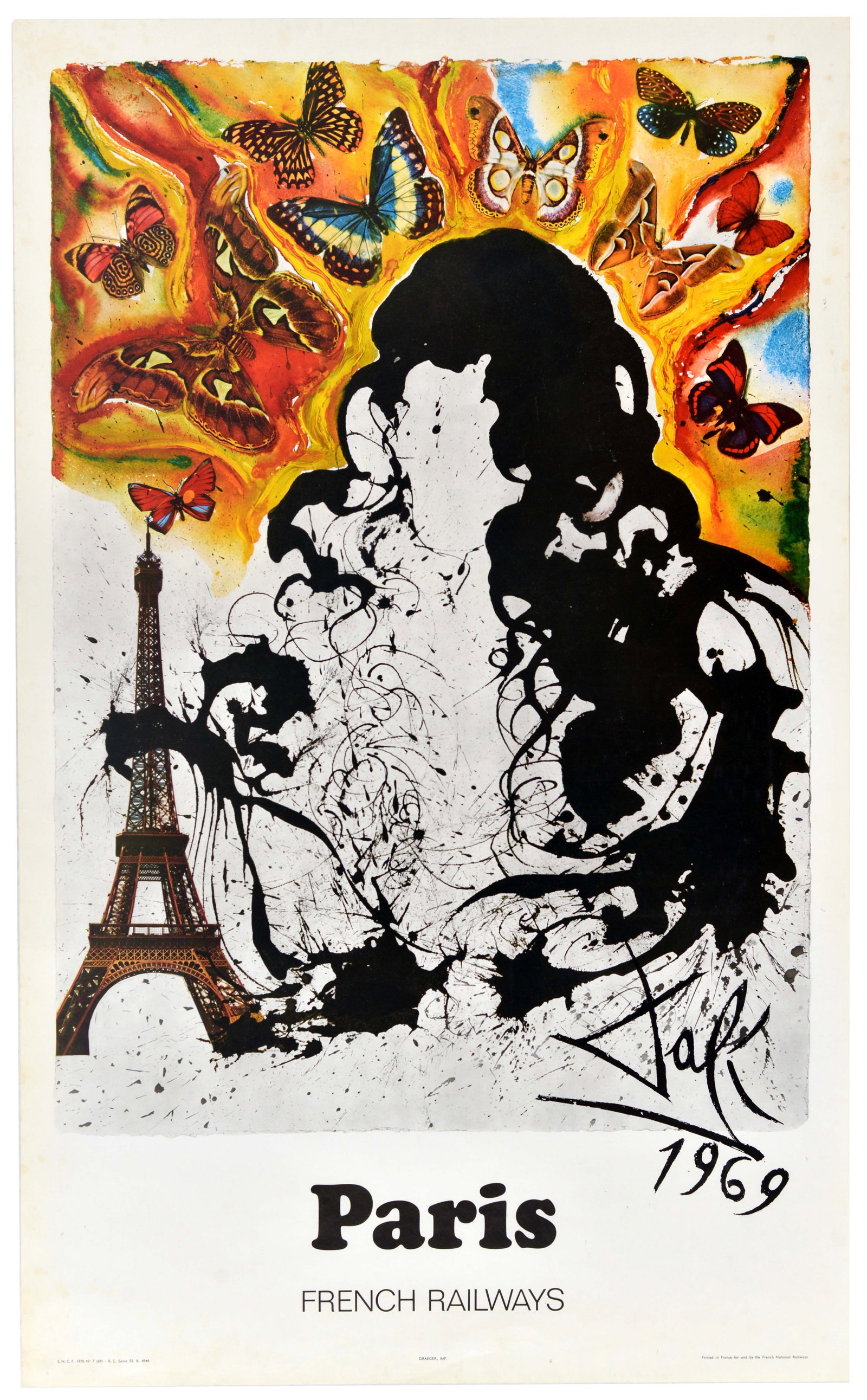 Travel Poster Paris SNCF Salvador Dali French Railways: Original vintage travel poster advertising Paris French National Railroads featuring the Eiffel Tower with abstract lines and colourful butterflies designed by the renowned surrealist artist Salvador 