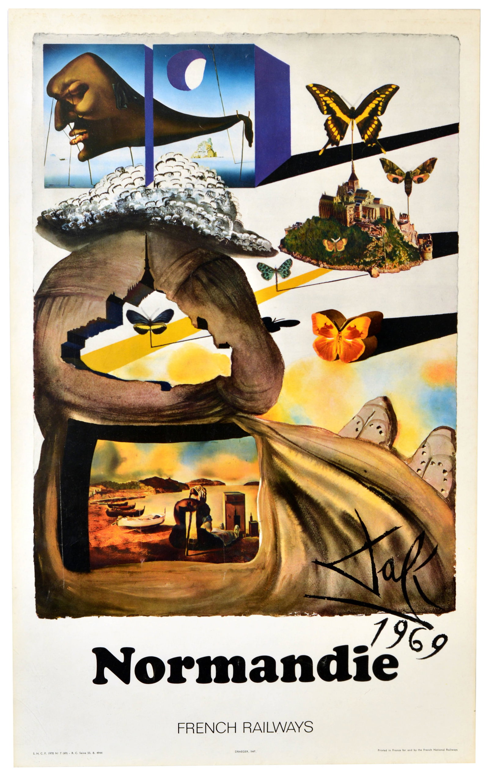 Travel Poster Normandie SNCF Salvador Dali French Railways: Original vintage travel poster advertising Normandy featuring iconic butterflies and buildings with boats on a sandy beach and other images designed by the renowned surrealist artist Salvador Dali (19