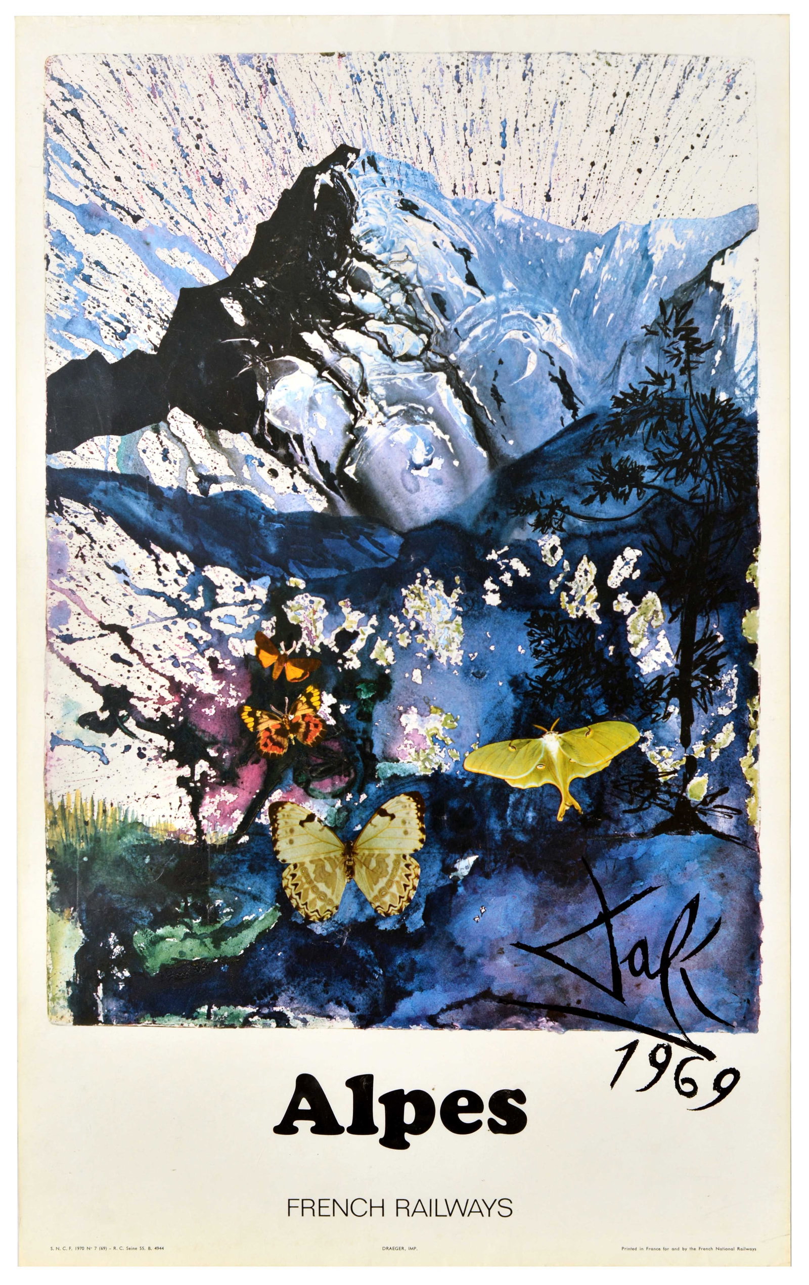Travel Poster Alpes Butterfly Salvador Dali SNCF: Original vintage travel poster advertising the French Alps featuring snow-topped mountains with butterflies in the foreground, designed by the renowned surrealist artist Salvador Dali (1904-1989) for 