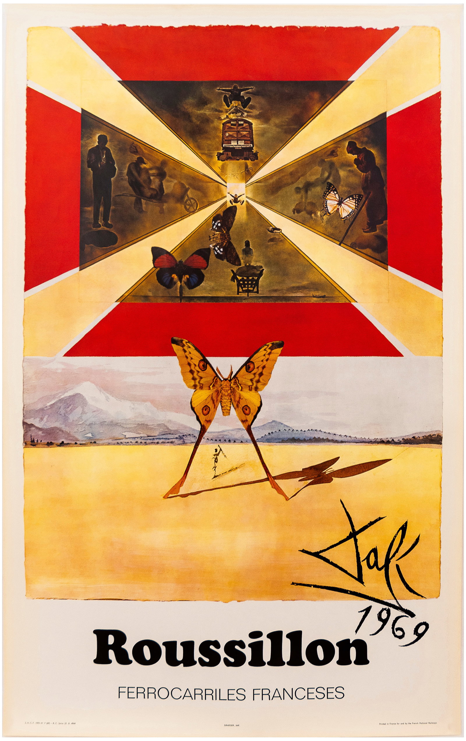 Travel Poster Roussillon SNCF Salvador Dali French Railways: Original vintage travel poster advertising Roussillon featuring butterflies and figures in a red frame with yellow lines of light from the centre and a person with a butterfly casting a long shadow in