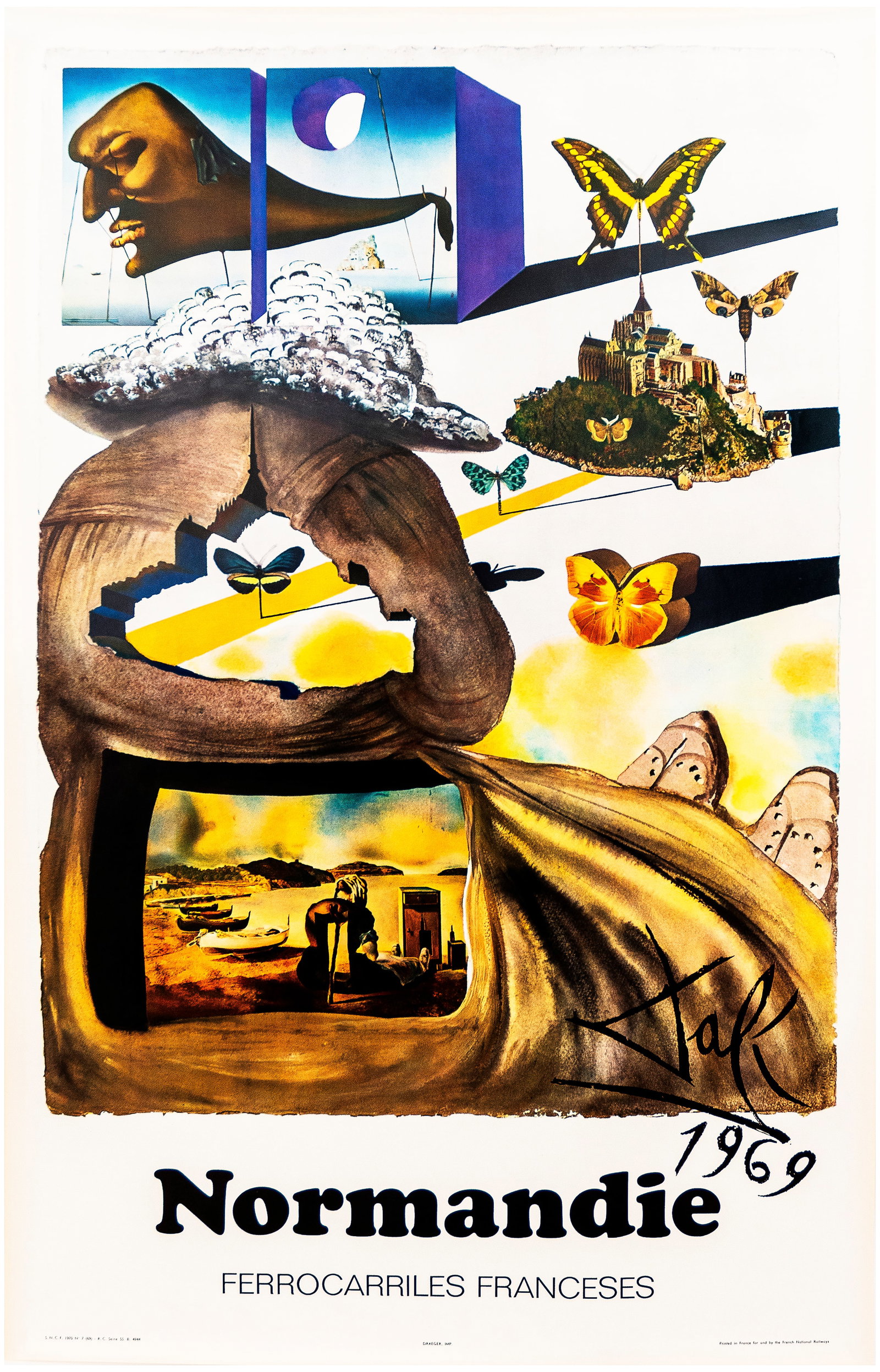 Travel Poster Normandie Salvador Dali SNCF Spanish: Original vintage travel poster advertising Normandy featuring iconic butterflies and buildings with boats on a sandy beach and other images designed by the renowned surrealist artist Salvador Dali (19