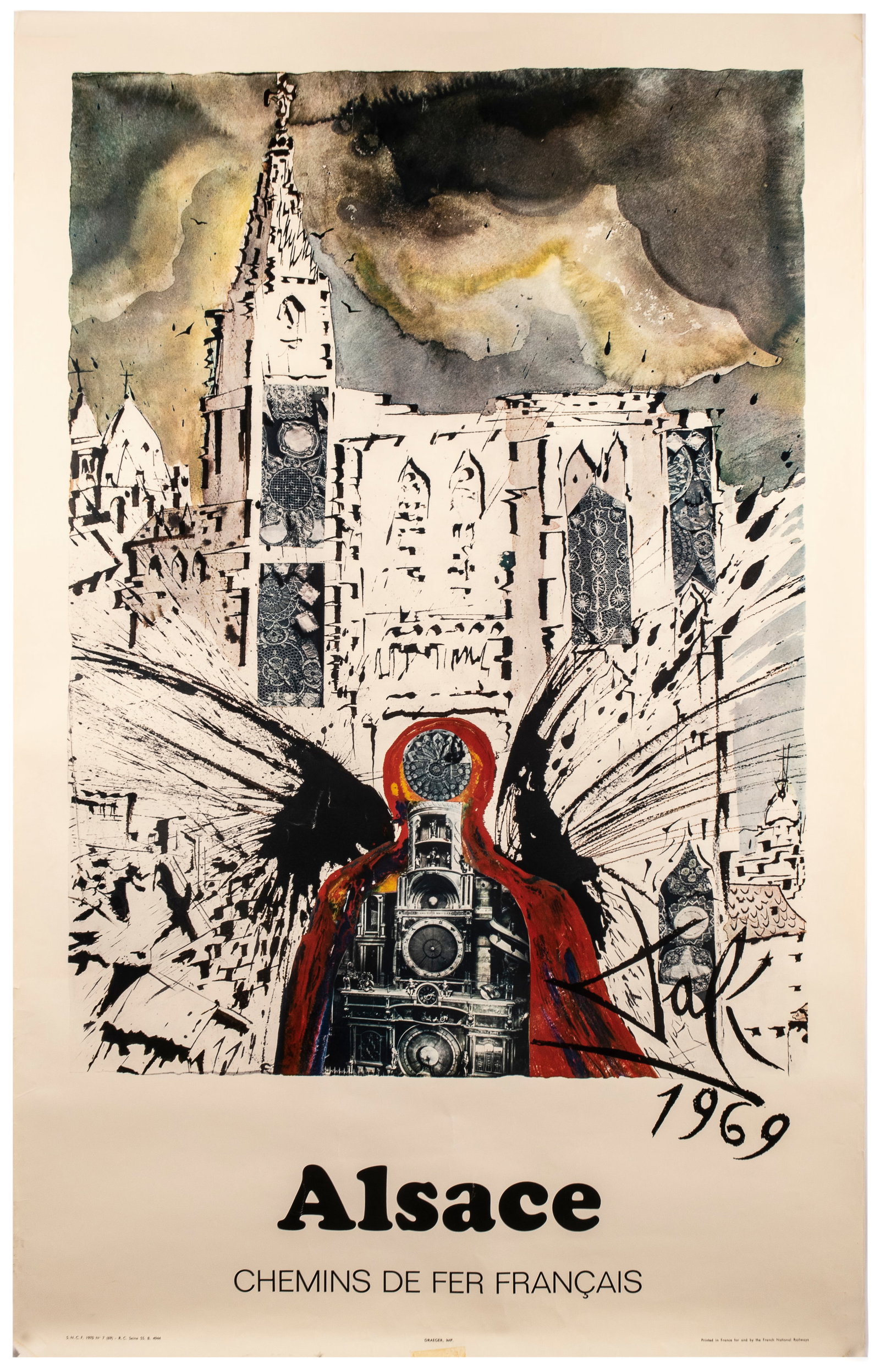 Travel Poster Alsace Salvador Dali SNCF French: Original vintage travel poster advertising Alsace featuring historic buildings on the skyline in black and white with a subtle butterfly design by the renowned surrealist artist Salvador Dali (1904-19