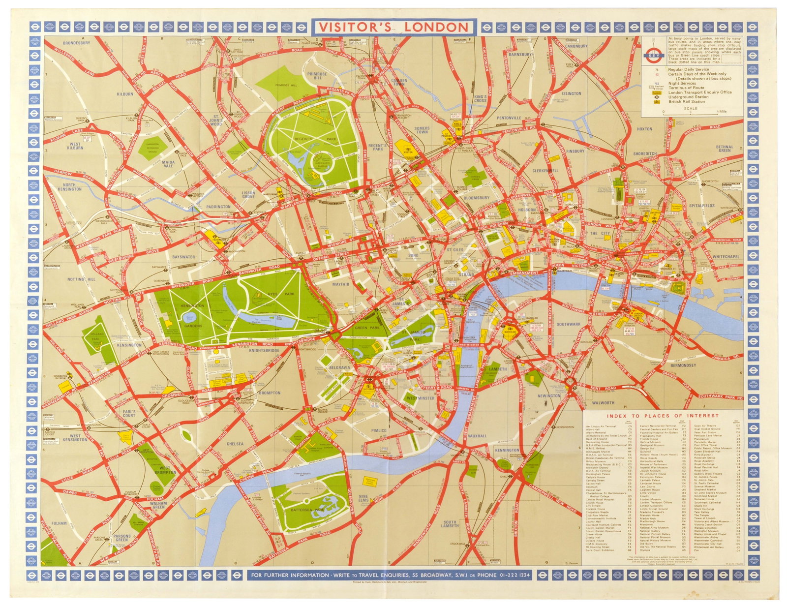 Travel Poster Visitor's London Central London Area Transport Poster Map: Original vintage Tube map poster - Visitor's London - published by London Transport - Design highlights the streets, transport connections, and major parks of central London including the street netwo