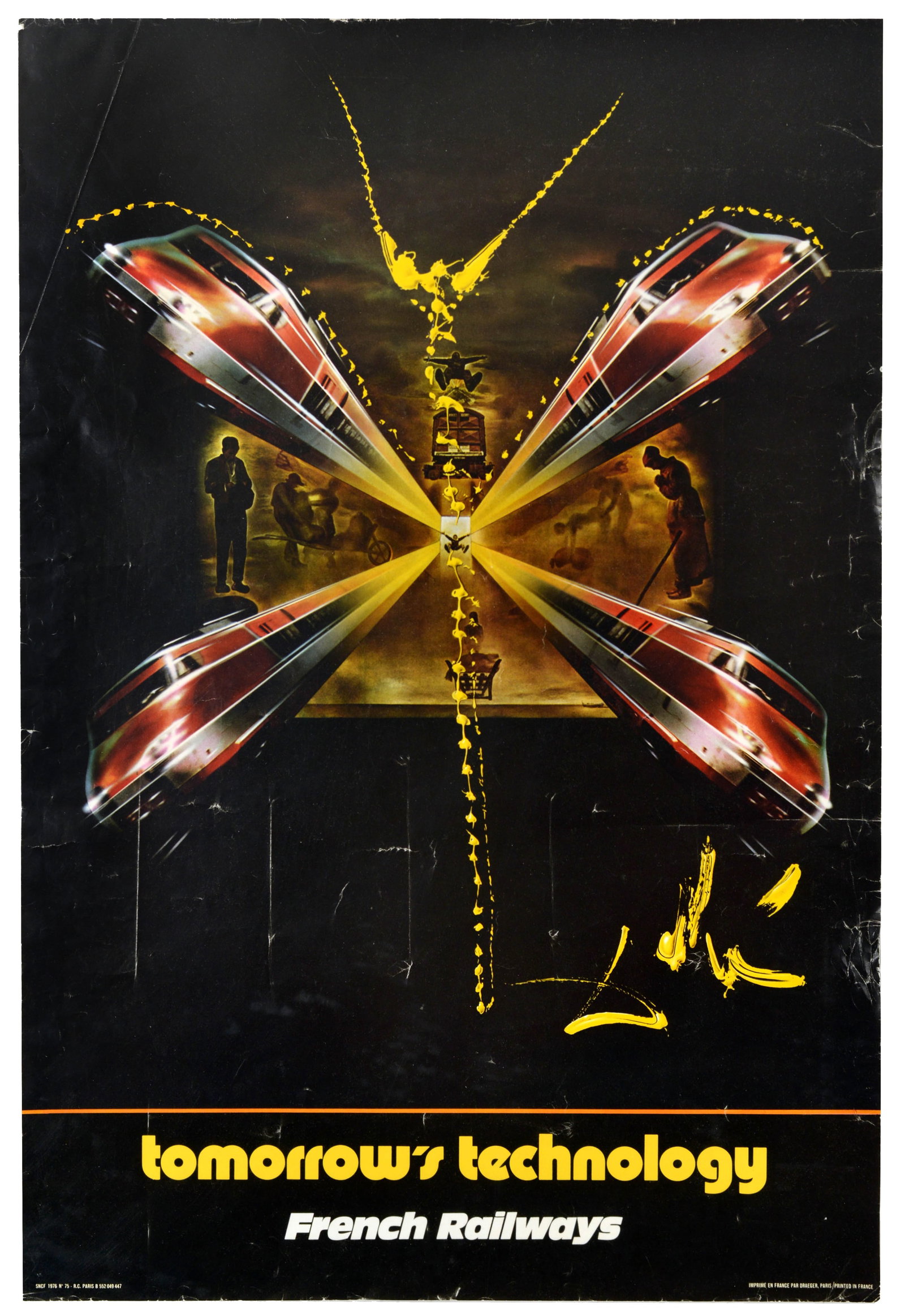 Travel Poster Tomorrows Technology French Railways SNCF Dali: Original vintage advertising poster for French Railways SNCF, titled Tomorrow's Technology, designed by the world-renowned Surrealist artist Salvador Dali (1904-1989). The poster features a dizzying, 