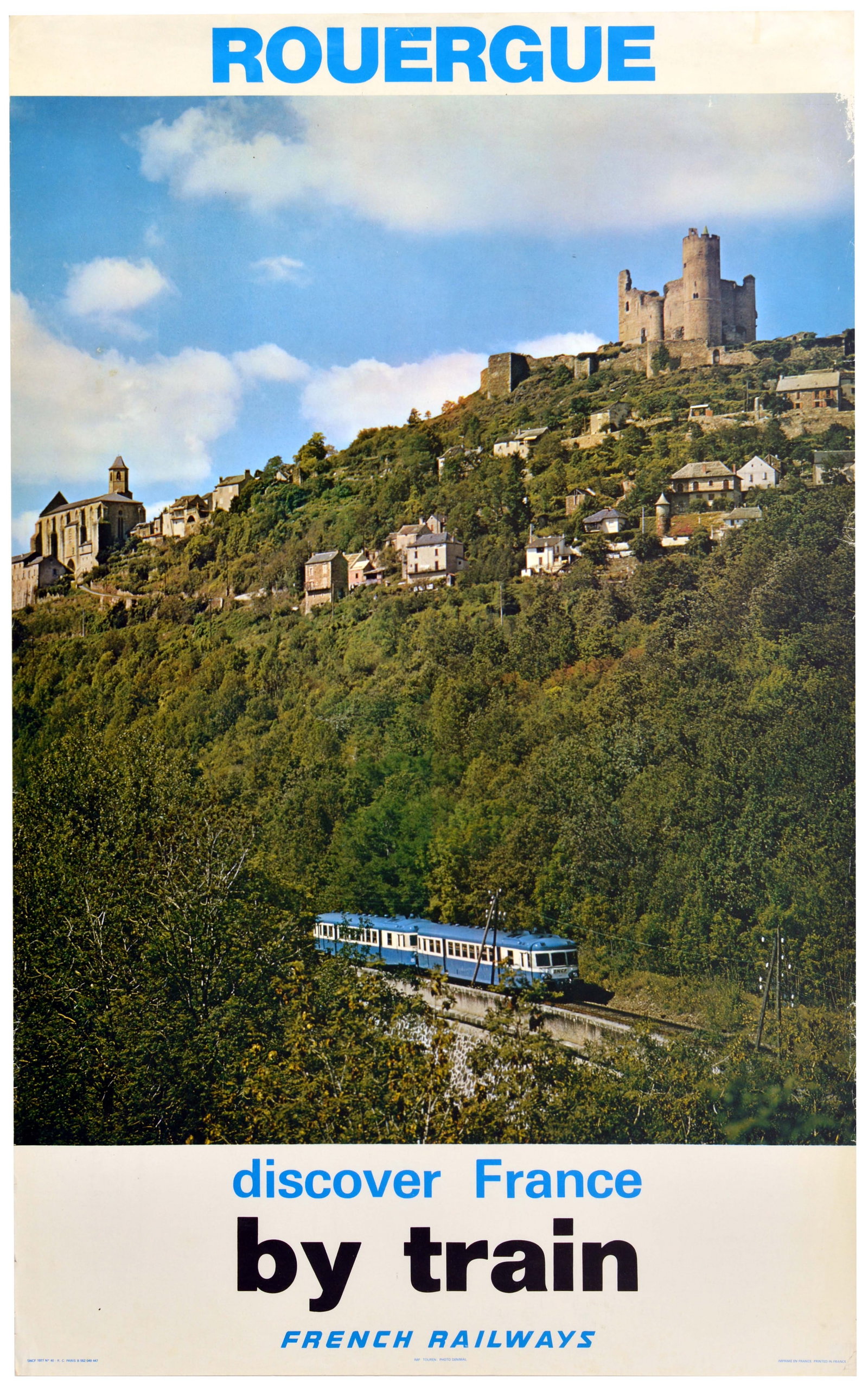 Travel Poster Rouergue France French Railways SNCF Train: Original vintage travel poster issued by the SNCF French National Railways to promote tourism to the Rouergue region in southern France, featuring a photographic design depicting a view of the picture