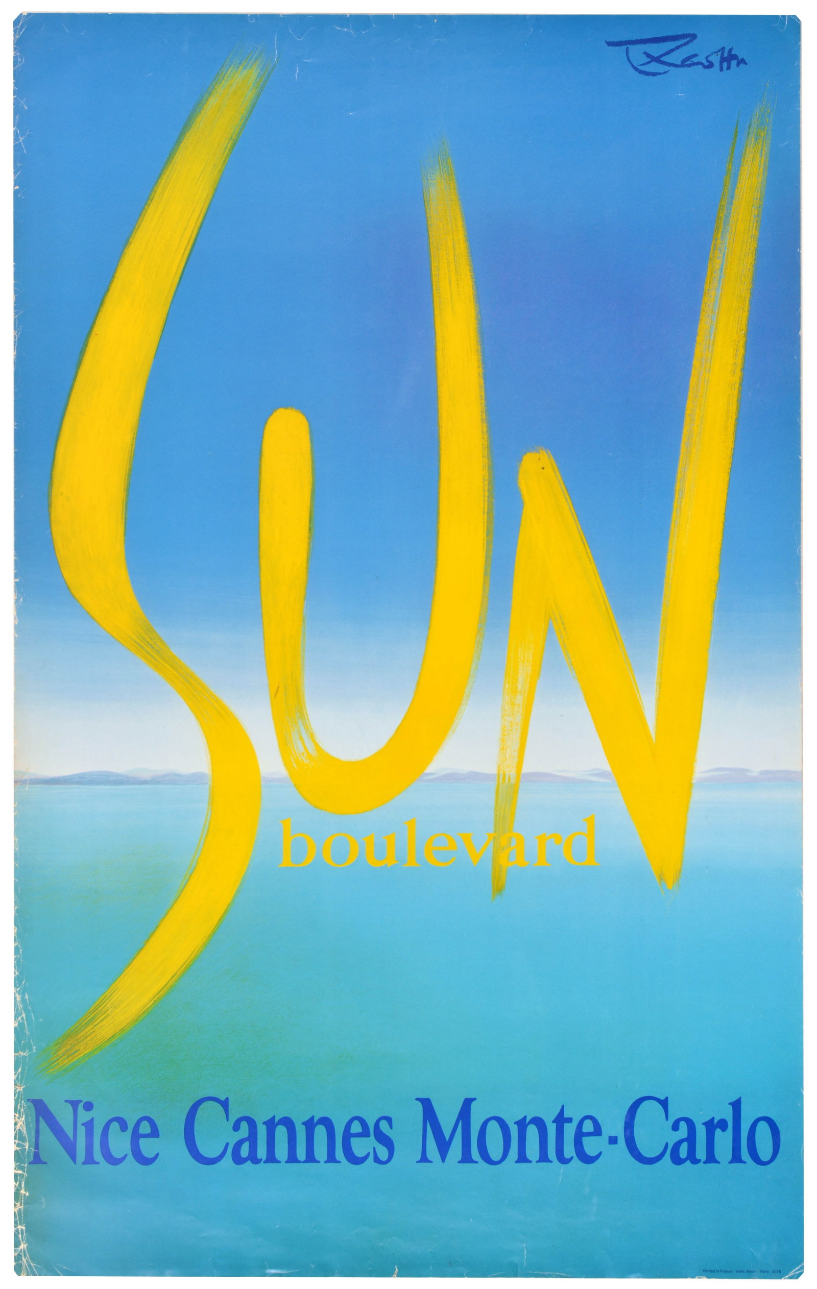 Travel Poster Sun Boulevard Nice Cannes Monte Carlo French Riviera: Original vintage travel poster for the French Riviera, featuring the words Sun Boulevard rendered in a bold, expressive yellow brushstroke that dominates the composition, capturing the warmth and ener