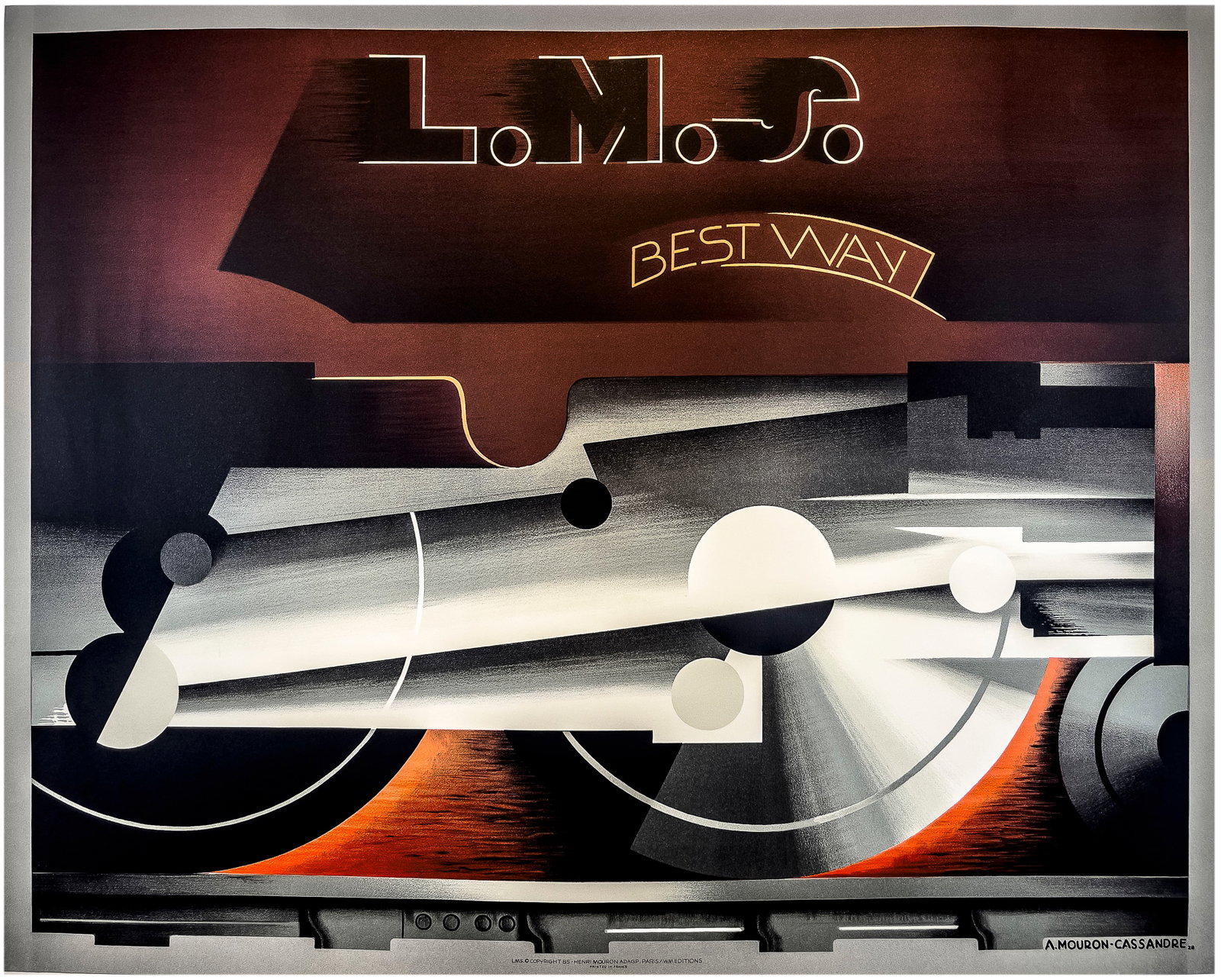 Travel Poster LMS Railway Best Way Cassandre Art Deco: Vintage official lithograph reproduction poster for The London, Midland and Scottish Railway Best Way featuring a dynamic Art Deco design by the notable poster artist A.M. Cassandre (1901-1968), depic
