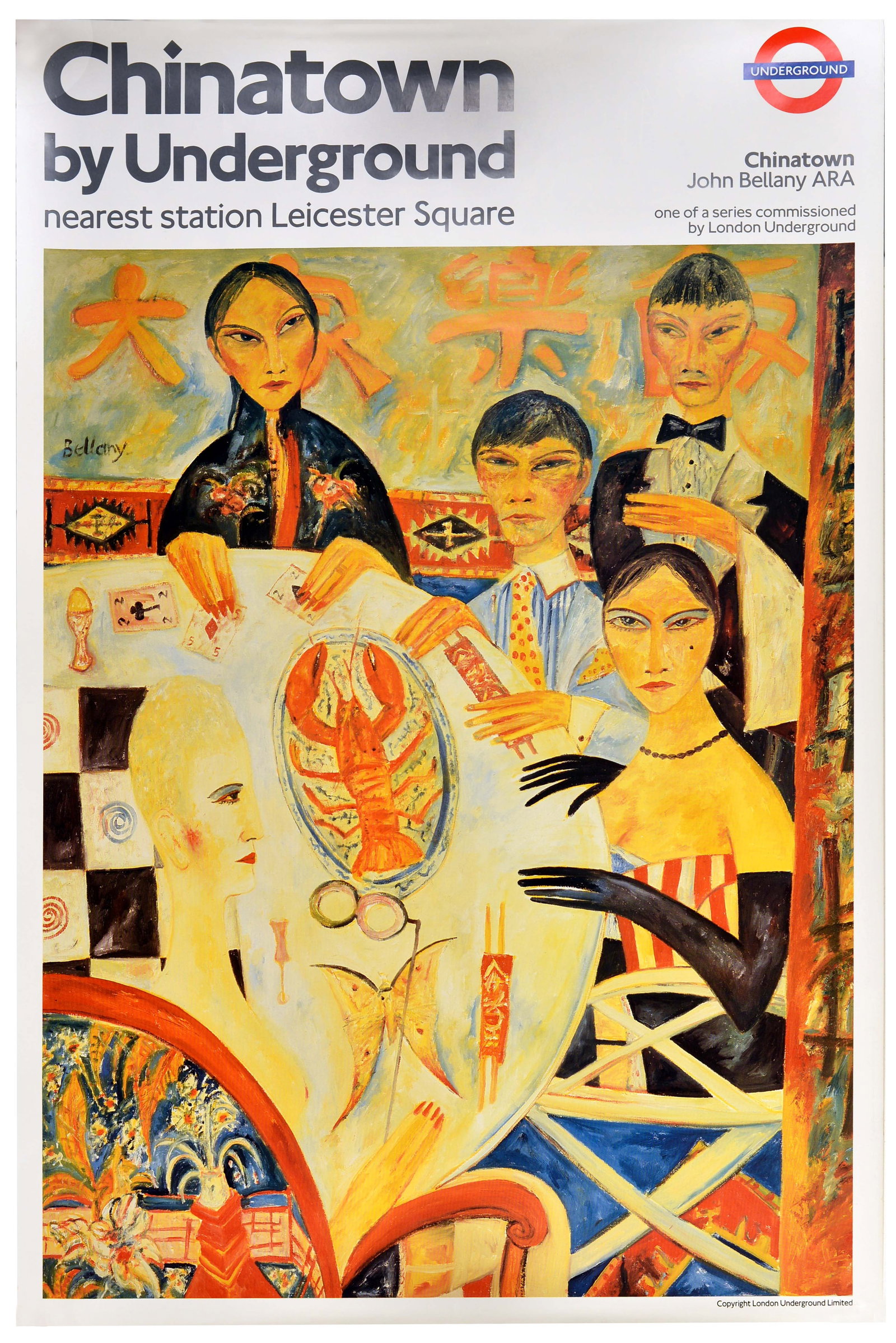 Travel Poster London Underground Chinatown John Bellany: Original vintage London Underground poster for Chinatown by Underground nearest station Leicester Square featuring a colourful image of a waiter and people eating at a Chinese restaurant in Chinatown 