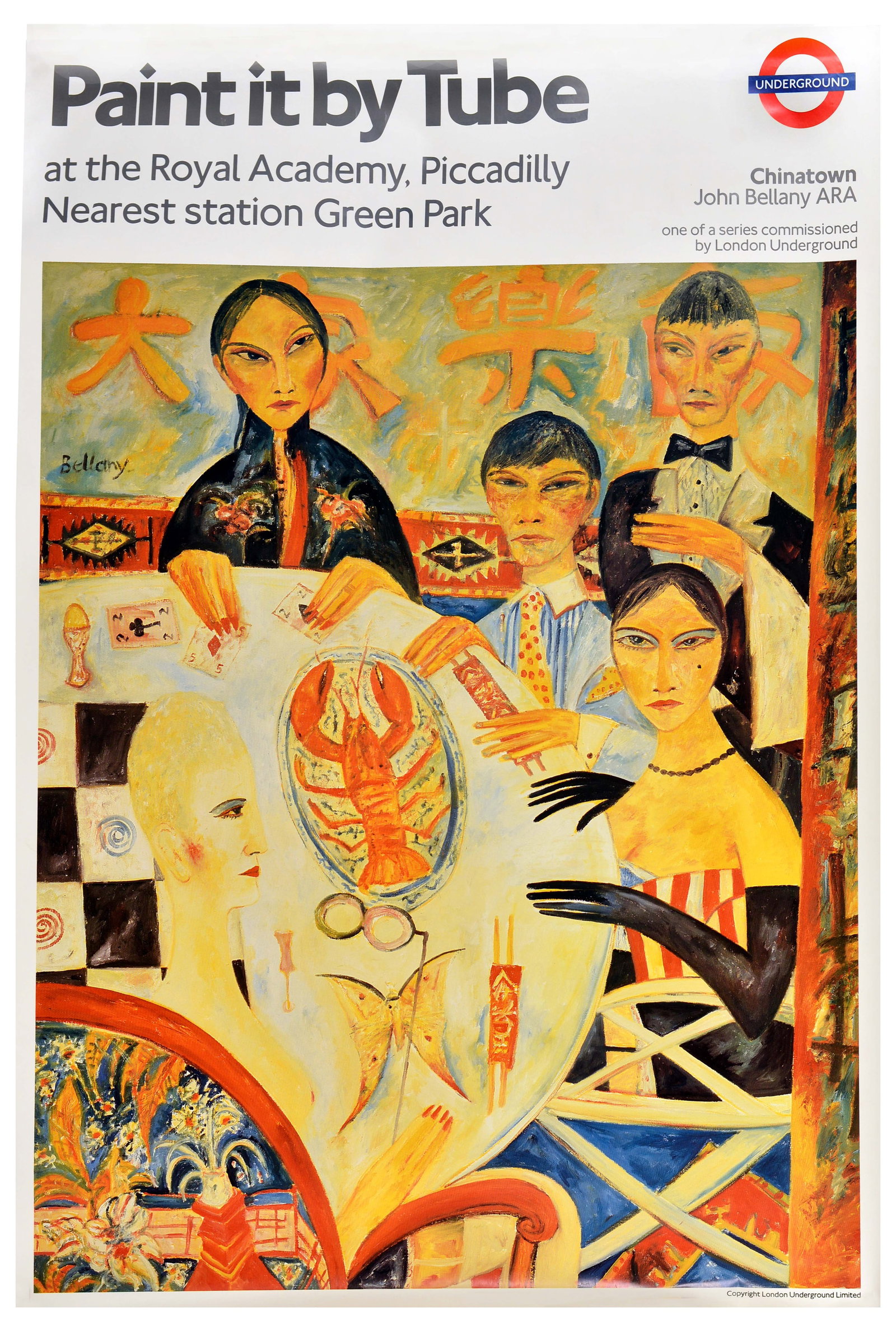 Travel Poster Paint It By Tube Chinatown London Underground: Original vintage London Underground poster - Paint It By Tube at the Royal Academy Piccadilly nearest station Green Park. Colourful image of a waiter and people eating at a Chinese restaurant in China