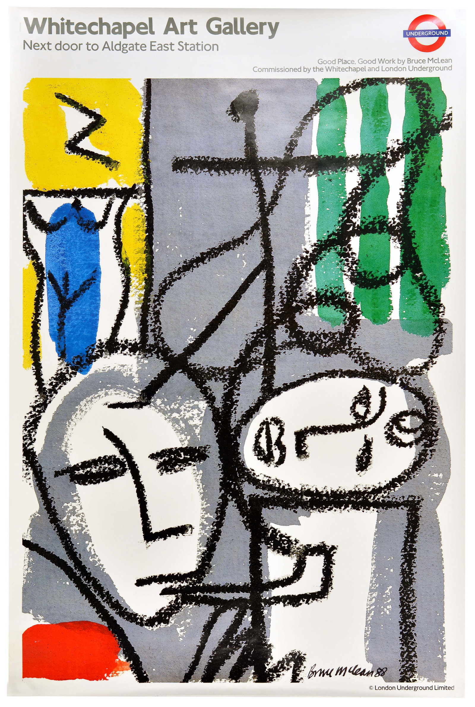 Travel Poster London Underground Whitechapel Art Gallery: Original vintage London Underground poster - Whitechapel Art Gallery next door to Aldgate East station - featuring an abstract design by the Scottish sculptor and painter Bruce McLean (b 1944) depicti
