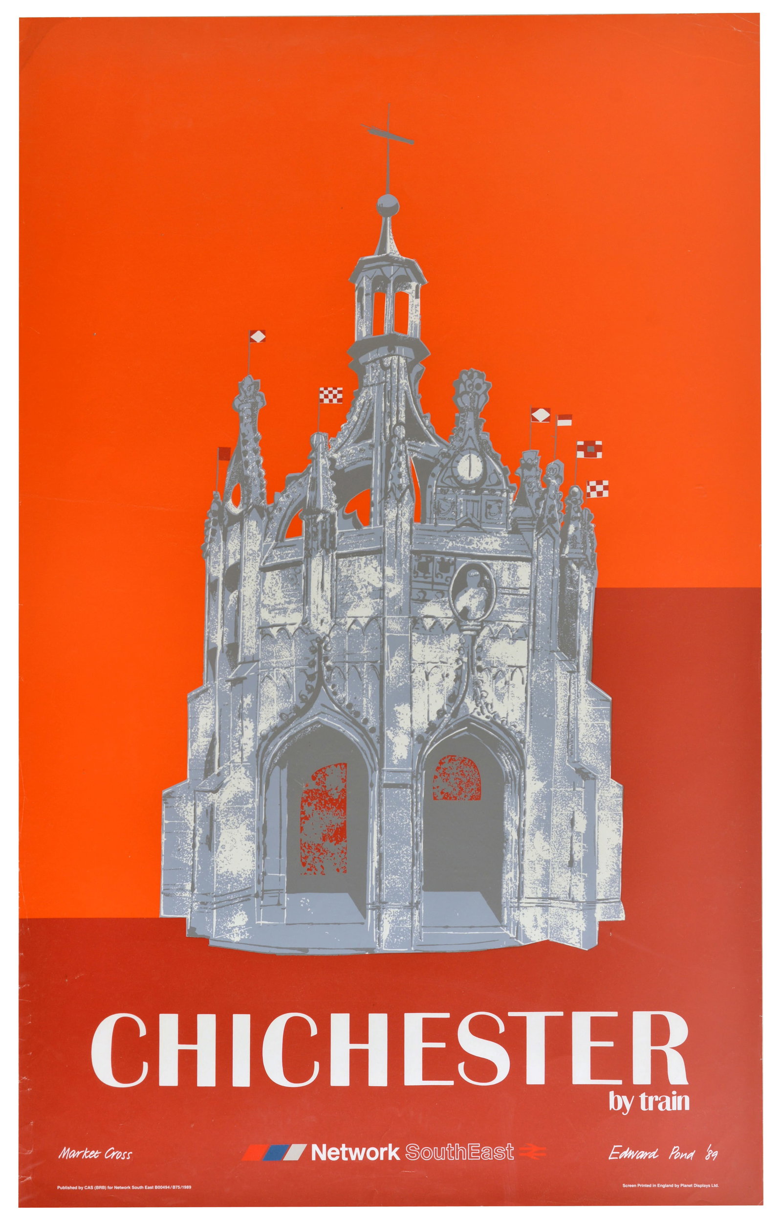 Travel Poster Chichester Market Cross Network Southeast Railway: Original vintage railway travel poster advertising Chichester by Train - Design by the celebrated British artist Edward Pond (1929?2012) features a bold illustration of the historic Chichester Market 