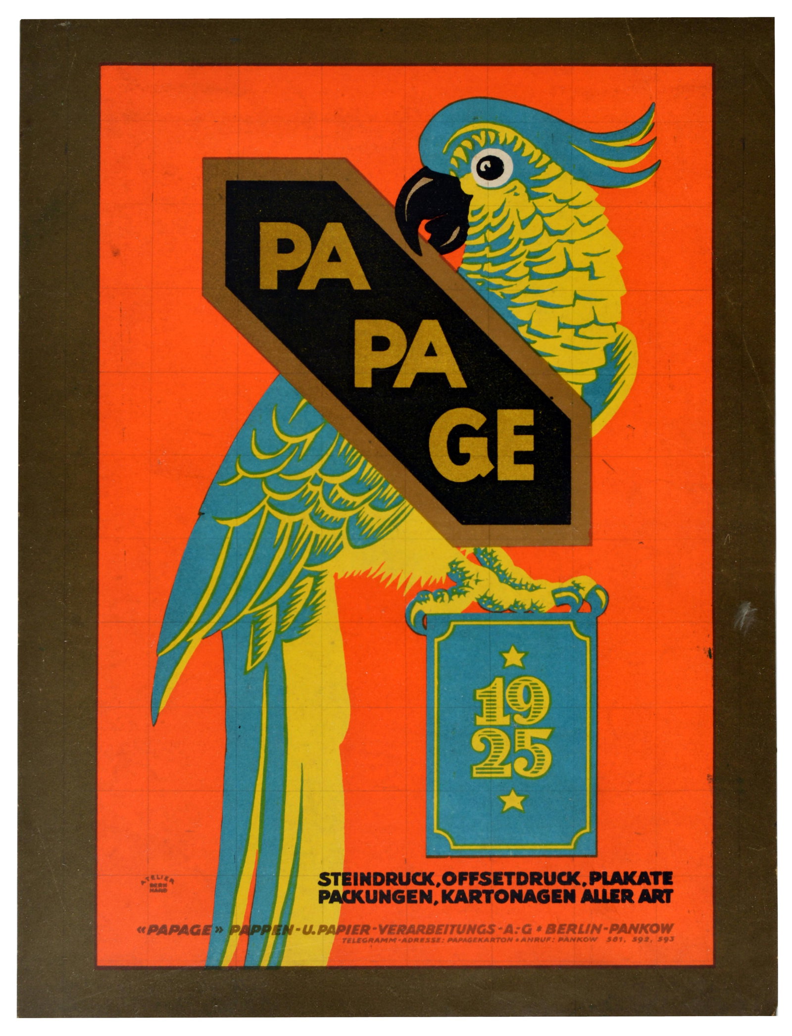 Advertising Poster Art Deco Papage Parrot Atelier Lucian Bernhard: Original antique small size German advertising poster for Papage featuring design by the renowned Atelier Bernhard, founded by Lucian Bernhard (born Emil Kahn, 1883-1972) and known for Plakatstil and 