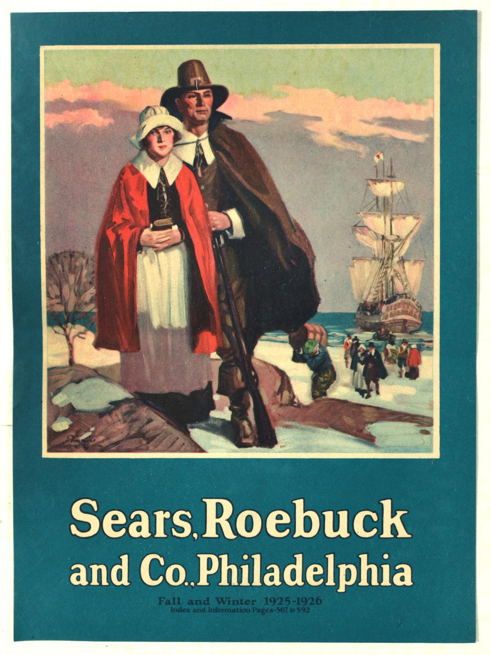 Advertising Poster Sears Roebuck and Co American Pilgrim Settlers Fashion: Original antique advertising poster for Fall and Winter 1925-1926 collection for Sears, Roebuck and Co., Philadelphia, featuring a romanticised depiction of early American Pilgrim settlers landing on 