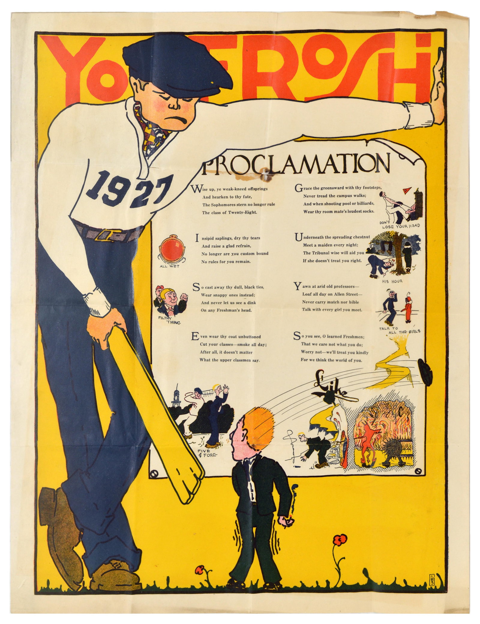 Advertising Poster Penn State University Frosh College Freshman Proclamation: Original vintage 1927 Pennsylvania State University (then known as the Pennsylvania State College) poster featuringa stylised, humorous graphic design celebrating collegiate freshman hazing and campus