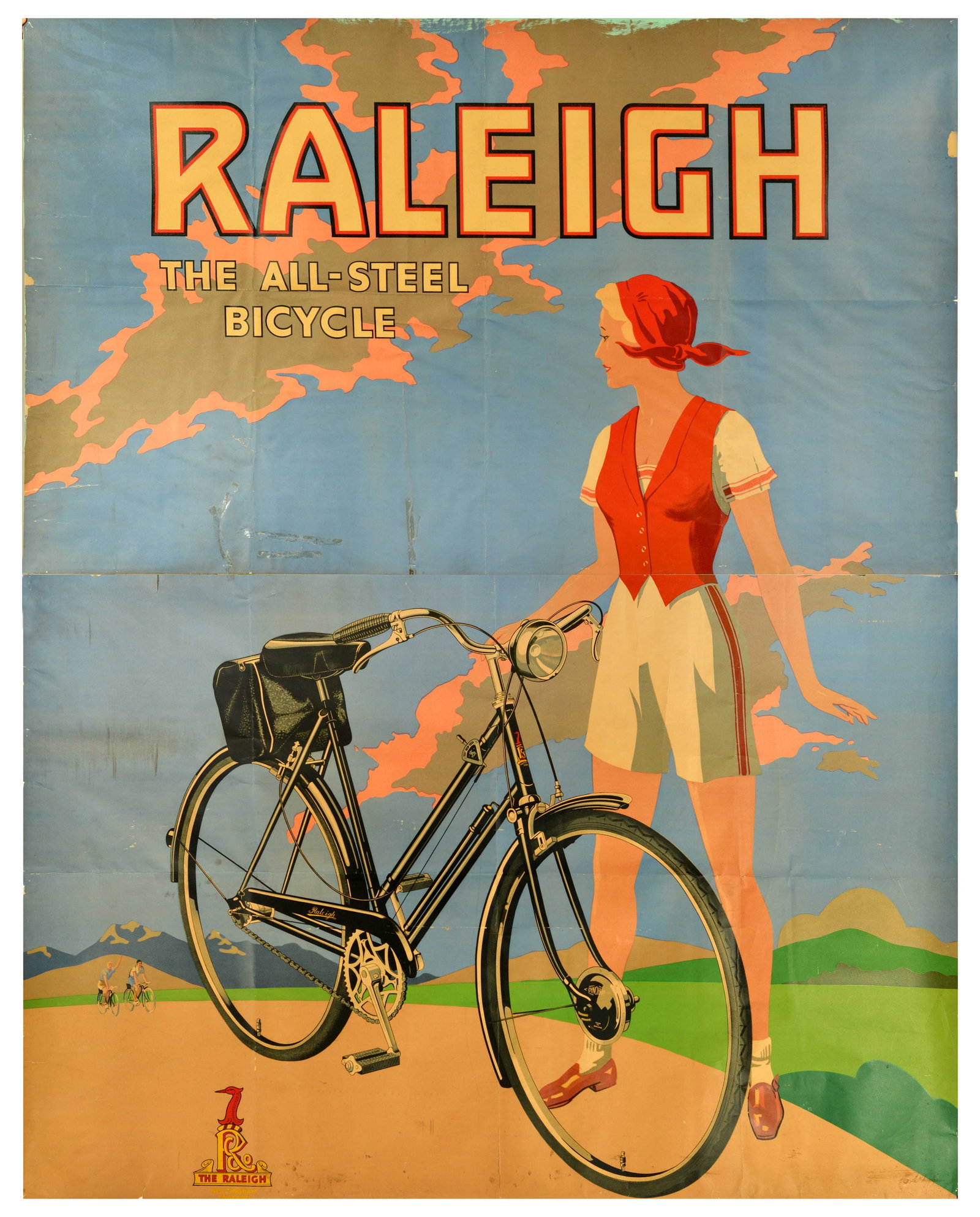 Advertising Poster Raleigh Art Deco Bicycle Lady Countryside: Original vintage advertising poster for Raleigh: The All-Steel Bicycle, a hallmark of British engineering and manufacturing from Nottingham. The vibrant, Art Deco-inspired composition features a fashi