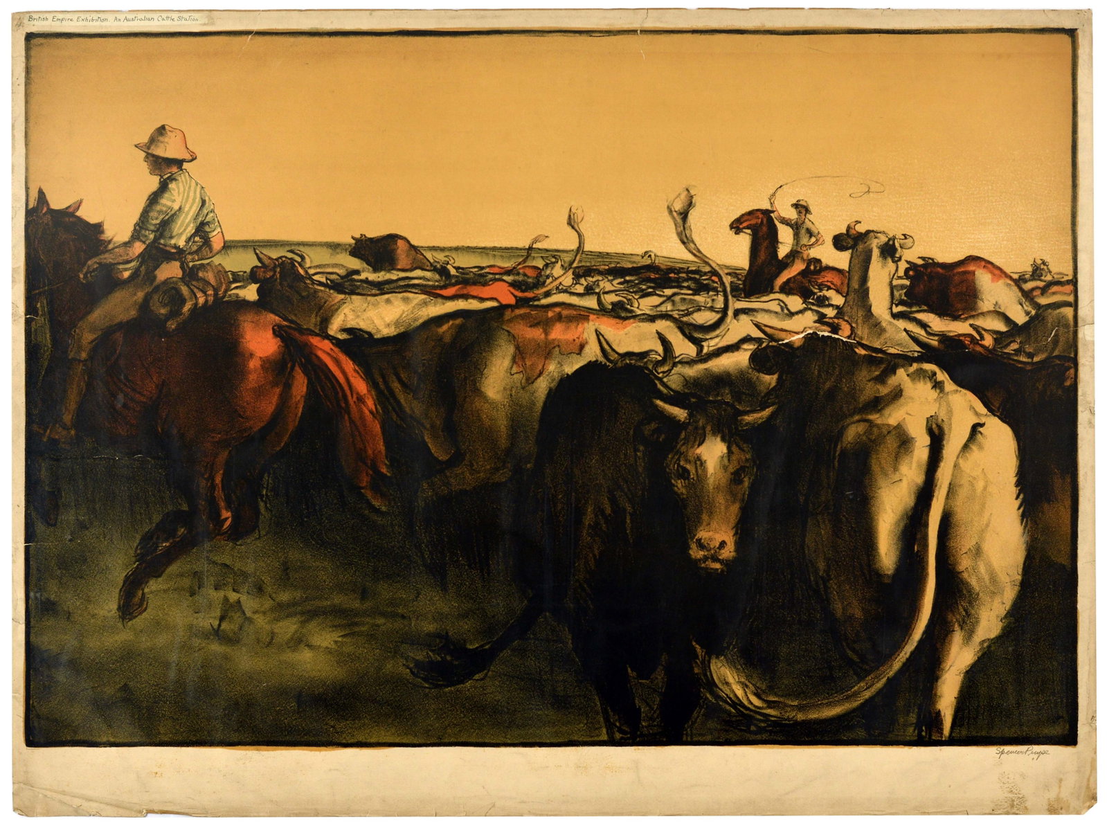 Advertising Poster Australian Stockman Cattle Station EMB Gerald Spencer Pryse: Large size original stone lithograph Empire Marketing Board printers' proof poster hand signed in pencil by the artist. Part of the Scenes of the Empire series, created by the acclaimed British artist