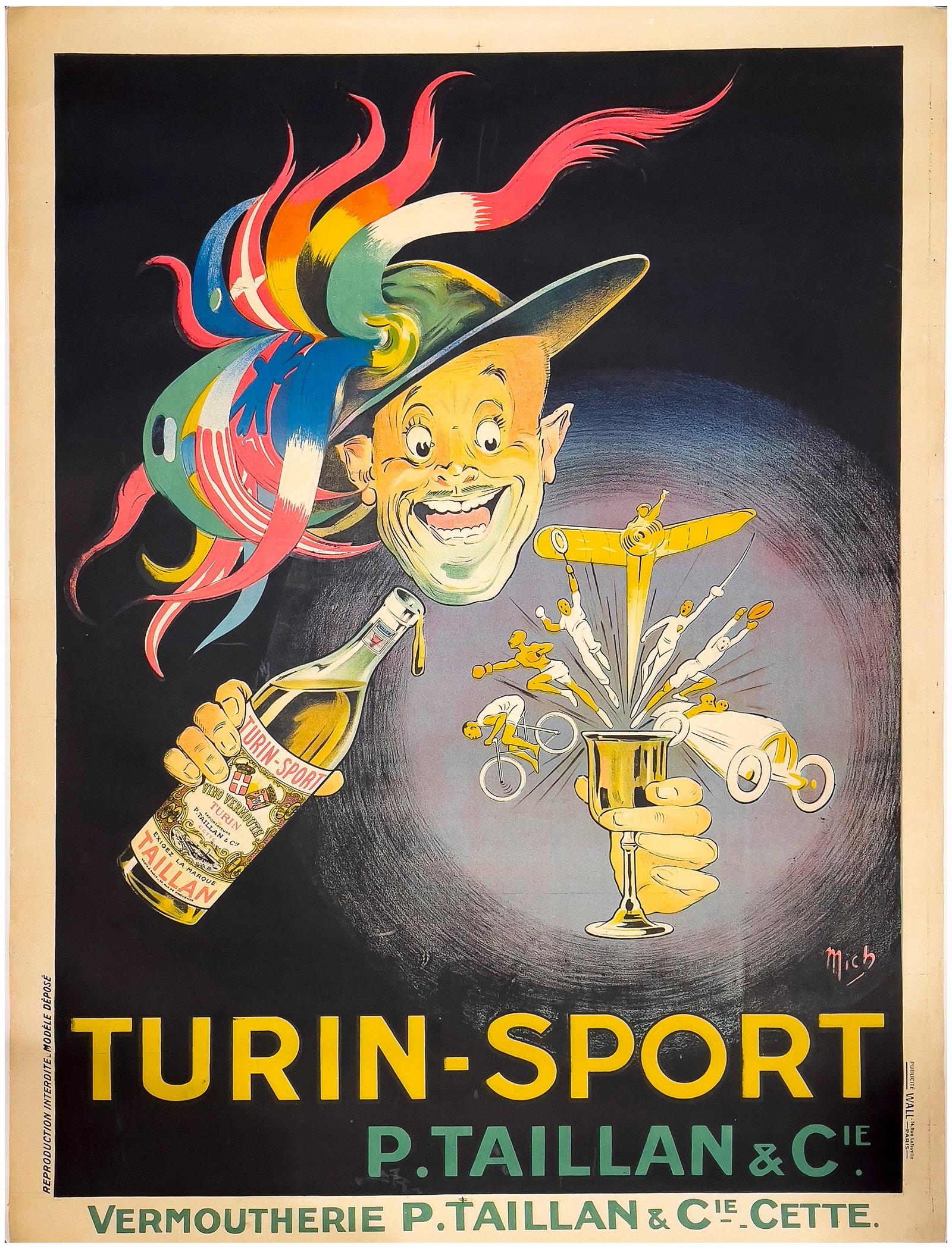Advertising Poster Turin Sport Taillan Vermouth Michel Liebeaux: Large original vintage drink advertising poster for Turin-Sport, P. Taillan & Cie Vermoutherie, designed by Mich (Michel Liebeaux; 1881-1923). Dynamic image on a dark background featuring a man wearin