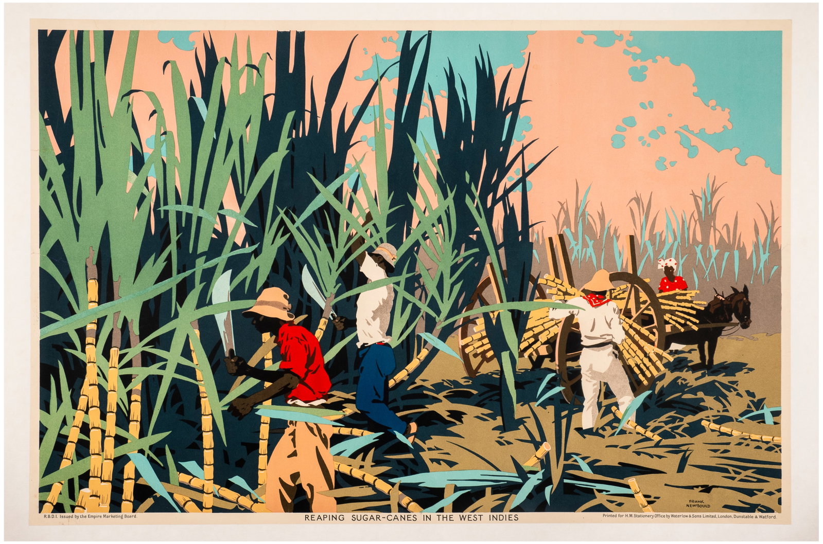Advertising Poster Reaping Sugar Canes In The West Indies Frank Newbould: Original vintage poster issued by the Empire Marketing Board (EMB 1926-1933) as part of a campaign to promote trade within the British Empire featuring a colourful agricultural image by the notable Br