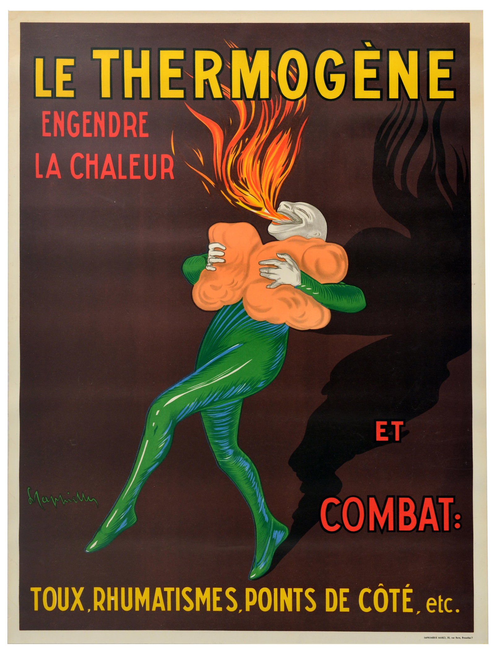 Advertising Poster Le Thermogene Leonetto Cappiello Belgium: Original vintage advertising poster by the renowned poster artist Leonetto Cappiello (1875-1942): Le Thermogene engendre la chaleur et combat toux, rhumatismes, points do cotes / Thermogene pads that 