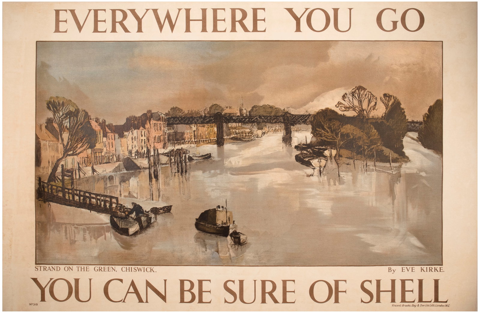 Advertising Poster Shell Strand On The Green Chiswick Eve Kirke: Original vintage advertising poster for Shell - Strand on the Green, Chiswick - from the Everywhere You Go, You Can Be Sure of Shell promotional campaign. The atmospheric, painterly composition by Bri