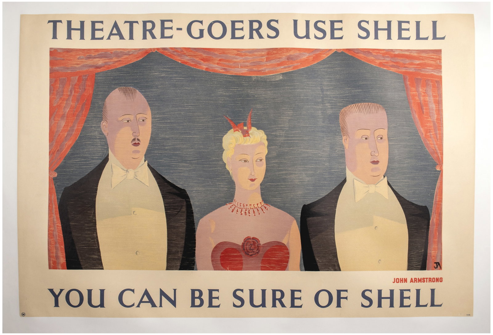 Advertising Poster Shell Theatre Goers John Armstrong: Original vintage advertising poster - Theatre-Goers Use Shell - from the iconic You Can Be Sure of Shell commercial art series. The design by celebrated British modern artist John Armstrong (1893-1973