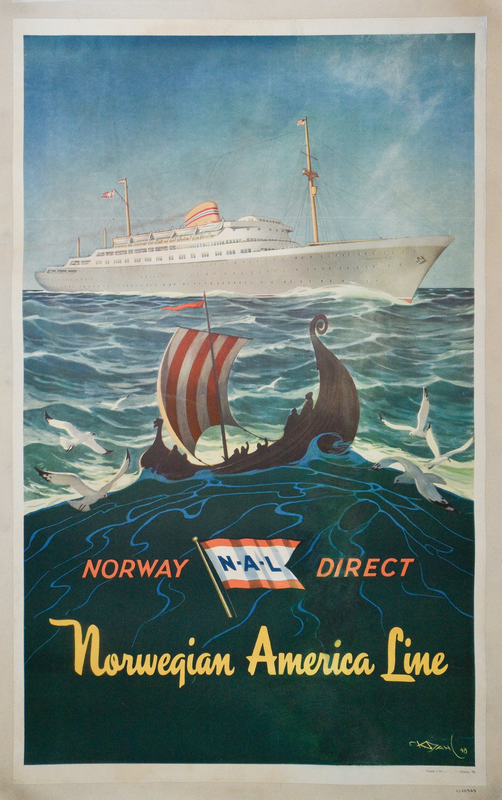 Advertising Poster Norwegian America Line NAL Norway Direct: Original vintage shipping travel poster promoting the Norwegian America Line transatlantic service, titled Norway Direct, with artwork by the noted Norwegian commercial artist Karl Dahl (1886-1954), d