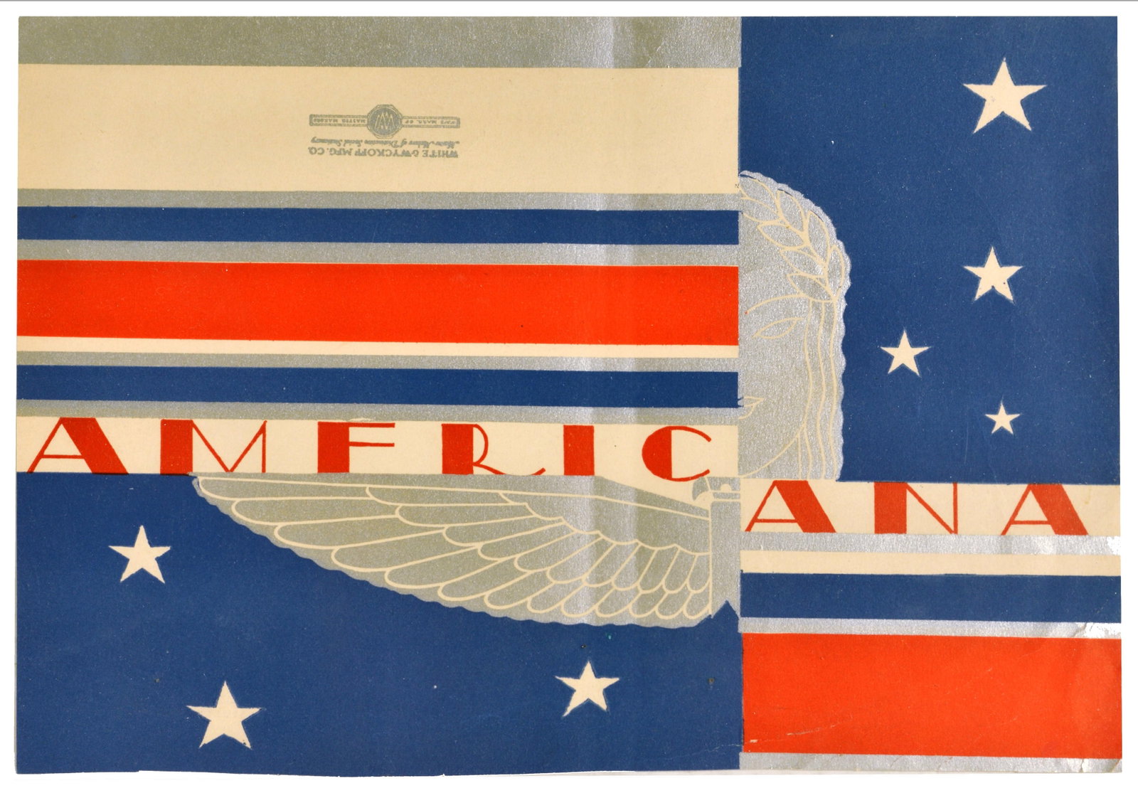 Advertising Ephemera Art Deco Americana White & Wyckoff Stationary: Original vintage American advertising poster mockup or design proof for Americana, showcasing a bold and patriotic Art Deco-inspired corporate graphic layout, with sections of vibrant red and silver-b