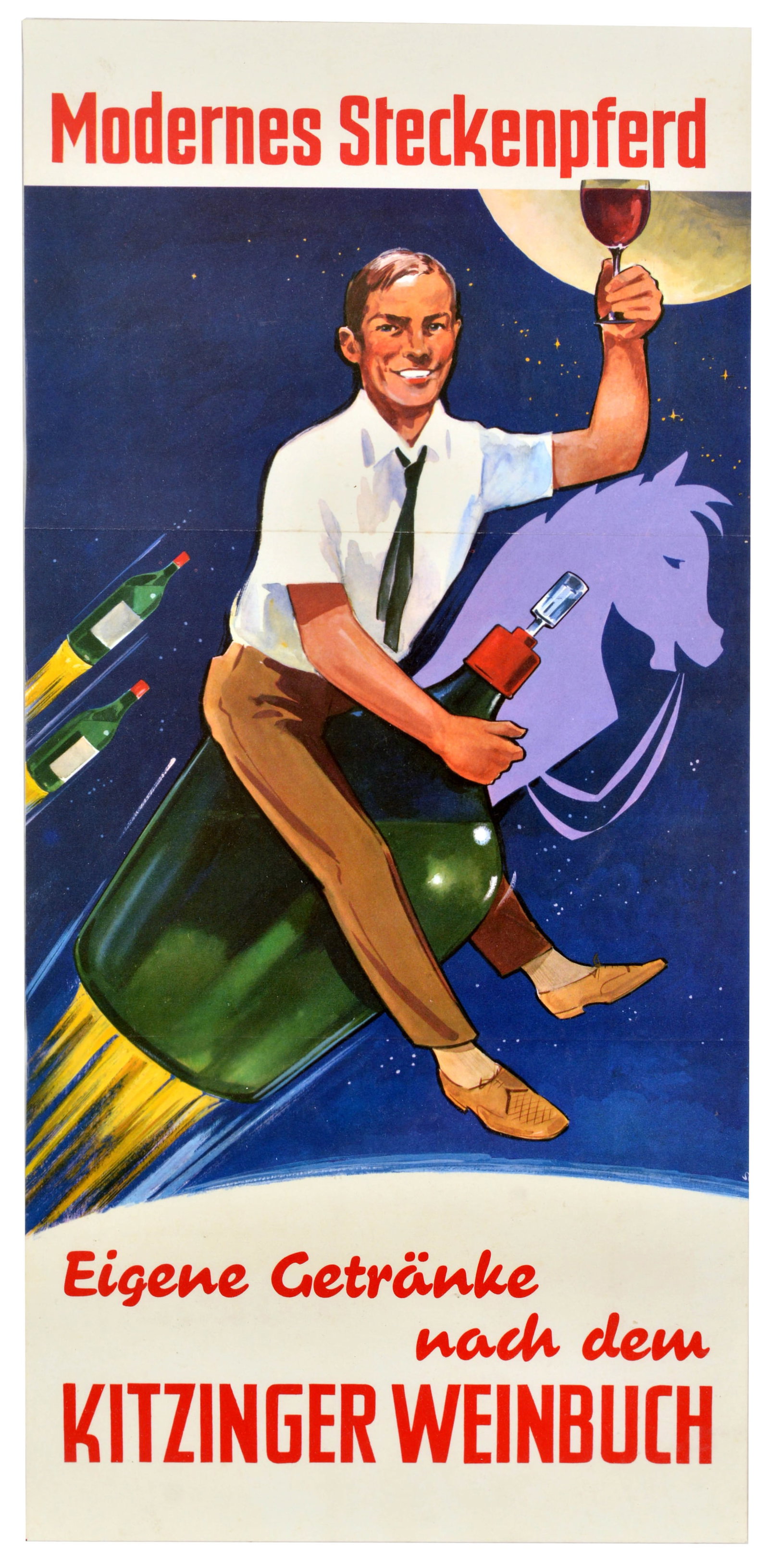 Advertising Poster Kitzinger Weinbuch Fruit Wine Book Space Rocket: Original vintage advertising poster promoting the Kitzinger Weinbuch. The Kitzingen Wine Book is a famous guide for making fruit wines, juices, and liqueurs at home. It is published by the Arauner com