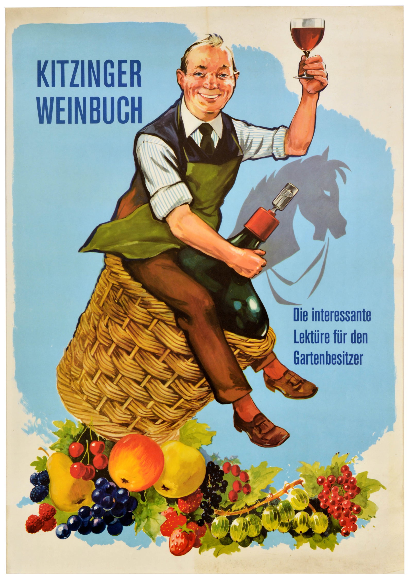 Advertising Poster Kitzinger Weinbuch Fruit Wine Making Book: Original vintage advertising poster promoting Kitzinger Weinbuch. The Kitzingen Wine Book is a famous guide for making fruit wines, juices, and liqueurs at home. It is published by the Arauner company